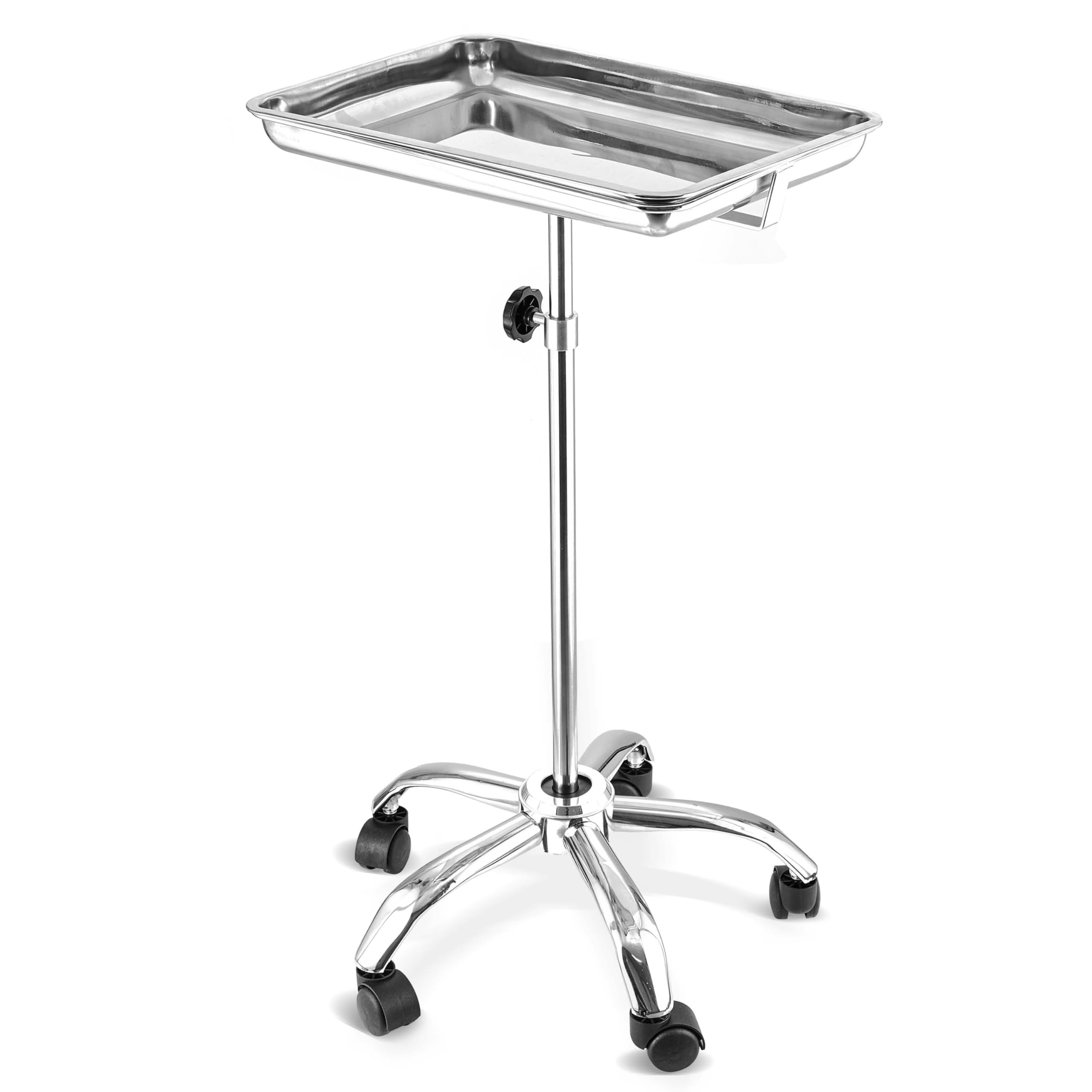 Houseables Adjustable Height Mayo Stand with Wheels - Stainless Steel Medical Rolling Tray for Tattoo, Salon & Clinic Use - Sterile Mobile Utility Cart (31
