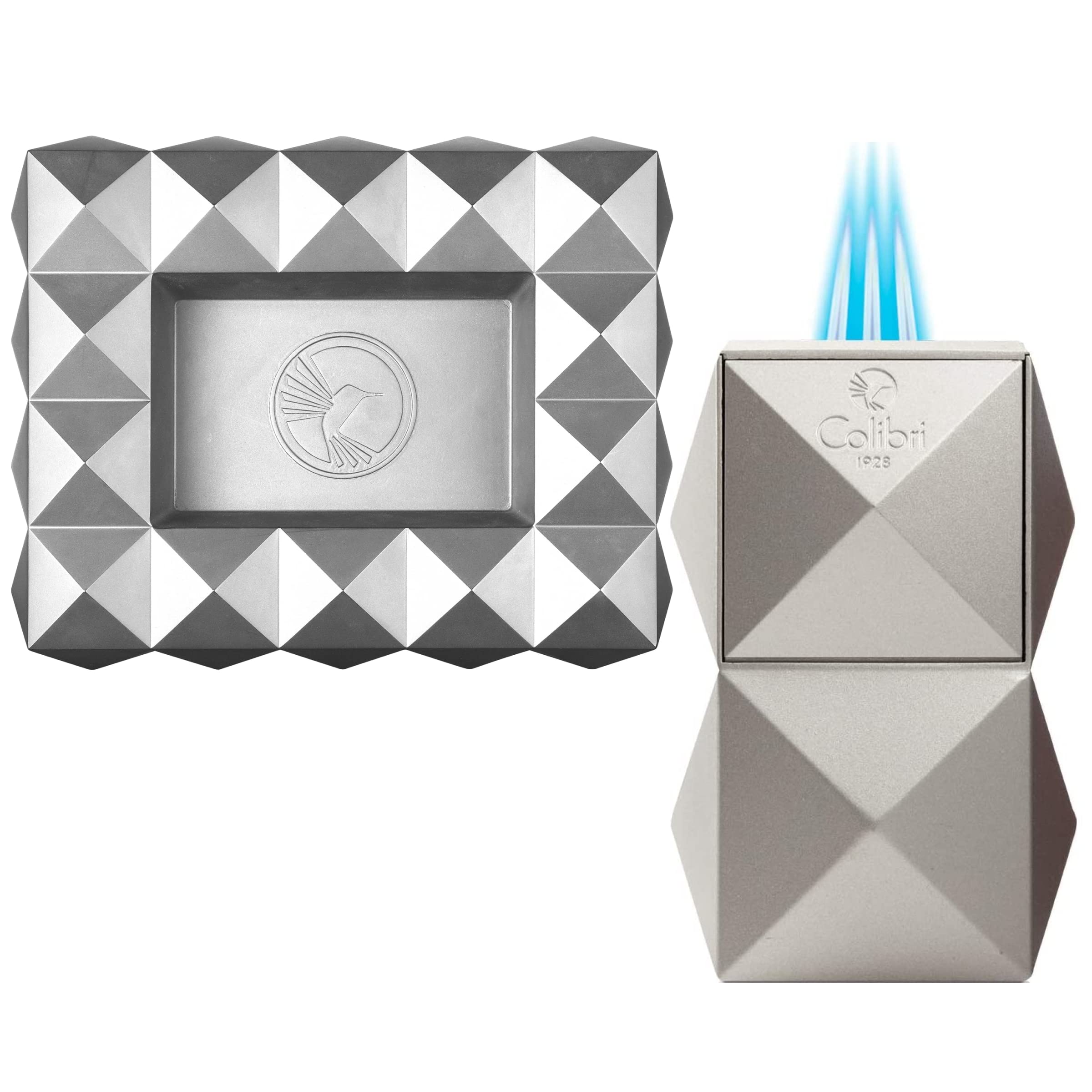Colibri Quasar Gunmetal Ashtray & Silver Triple Flame Lighter Set - Premium Cigar Accessories for Smoking Enthusiasts & Outdoor Gatherings