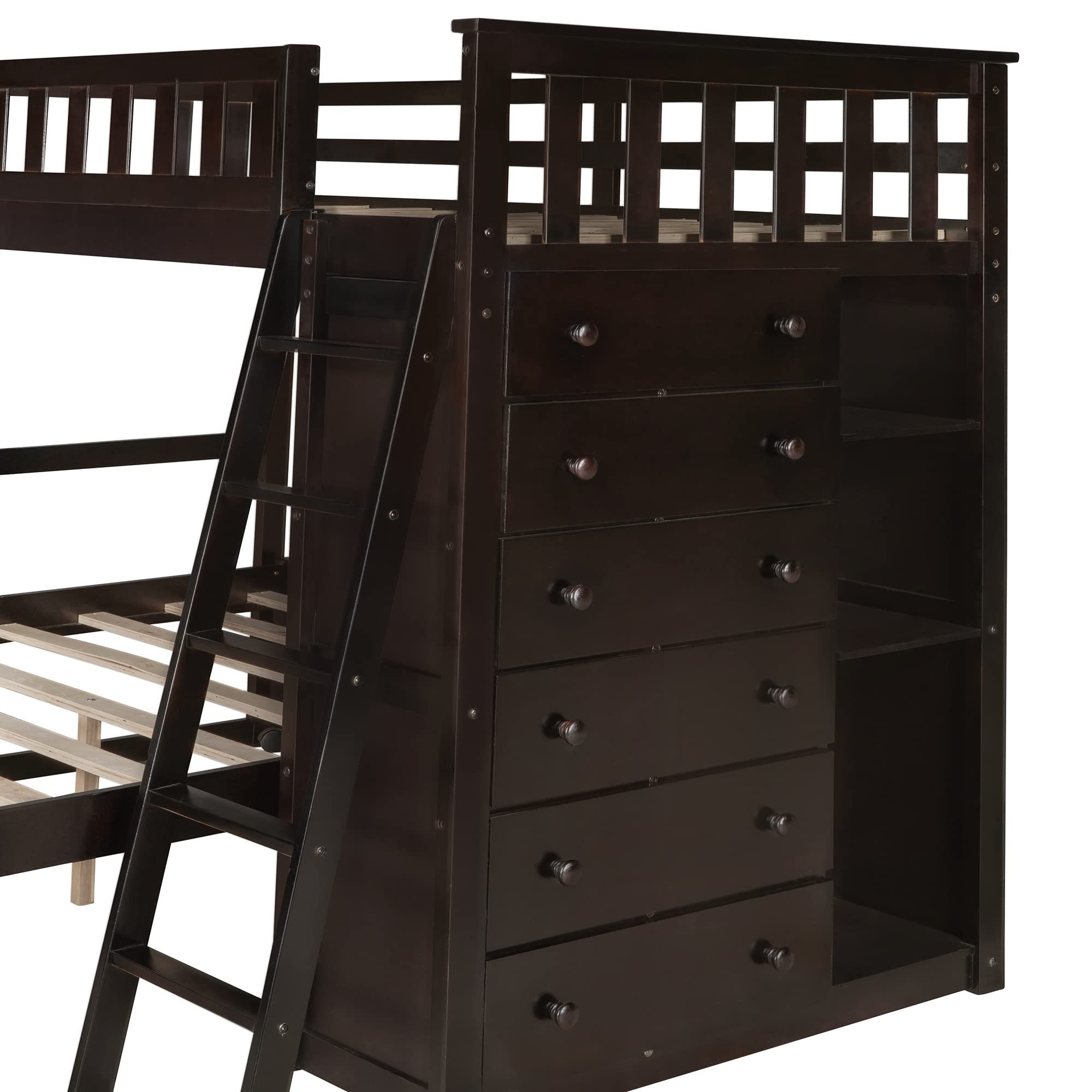 Wooden Bunk Bed for Kids Teens & Adults - Twin Over Full Size with 6 Drawers, Adjustable Shelves & Rolling Wheels - No Box Spring Required - Espresso Finish - Perfect for Small Bedrooms, Guest Rooms & Vacation Homes