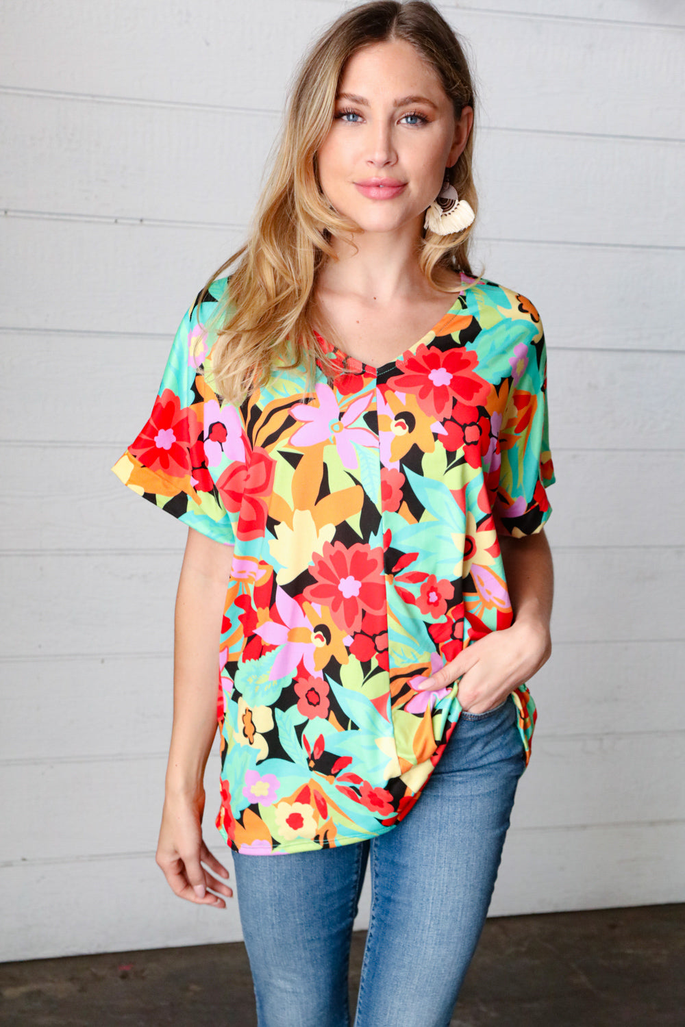 Stylish Multicolor Tropical Floral Print V-Neck Drop Shoulder Blouse for Women | Summer Beach Vacation & Boho Outfit Essential