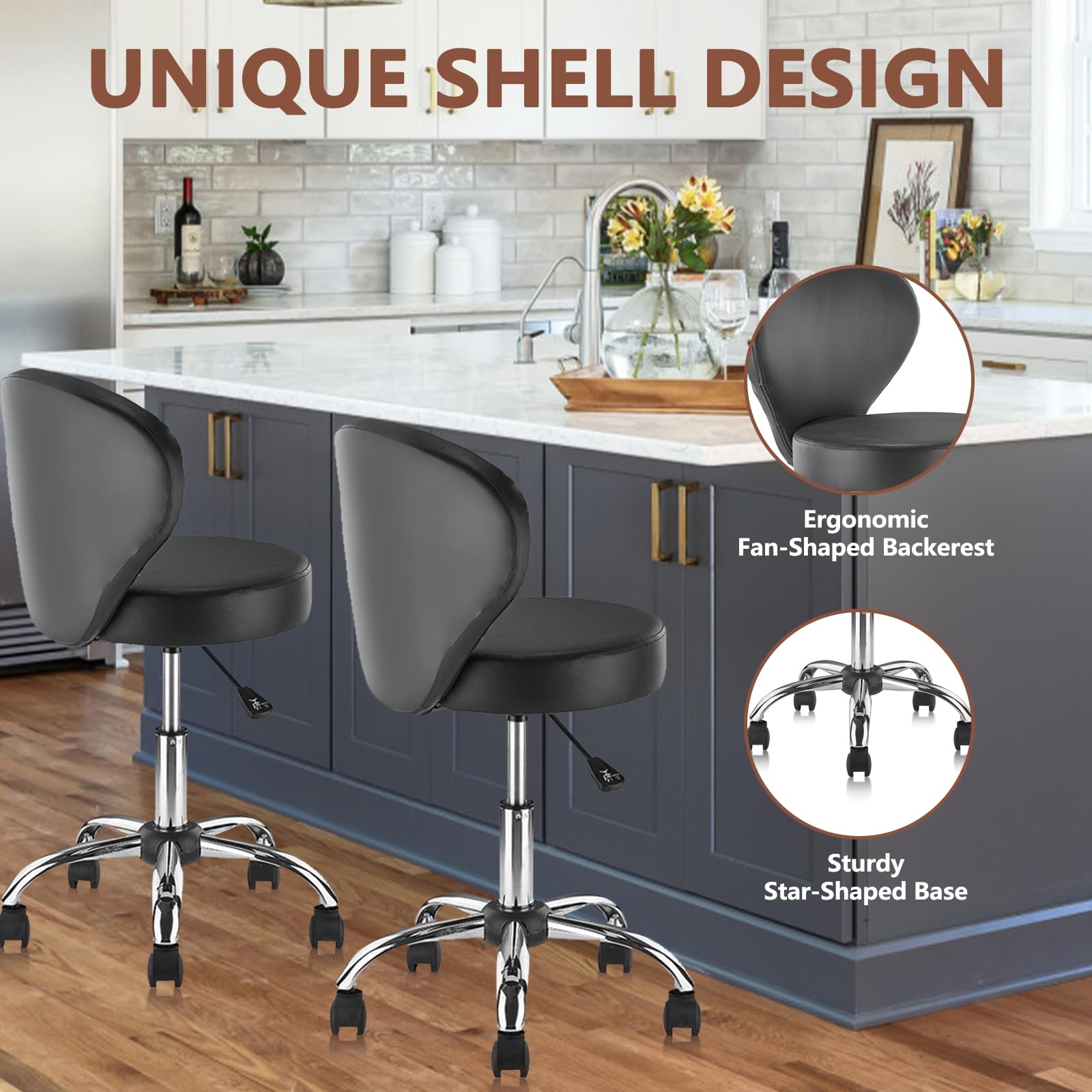 2 Pack Adjustable Hydraulic Salon Stool Chair - PVC Faux Leather Rolling Swivel Stool with Wheels, Lumbar Support, 22