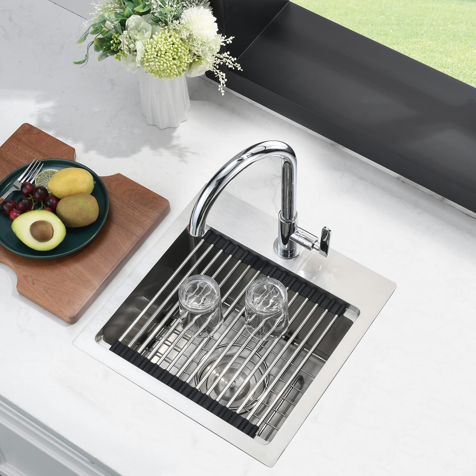 15x15 Inch Drop-in Bar Sink Workstation - 16 Gauge Stainless Steel Single Bowl Small Kitchen Sink with Cutting Board for Outdoor RV, Camper, Tiny House & Home Bar Use