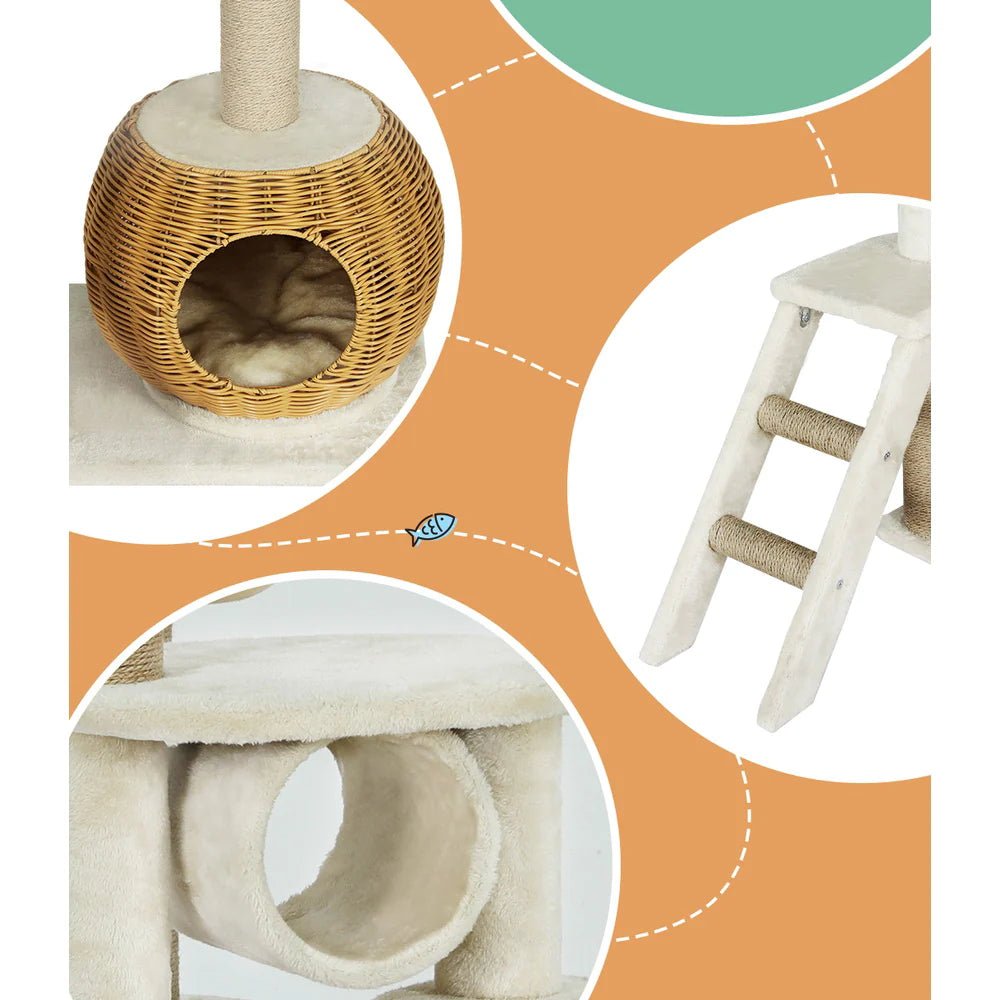 138cm Modern Rattan Cat Tower with Scratching Post & Condo - Multi-Level Cat Tree for Indoor Cats - Perfect for Play, Rest & Climbing in Home or Office