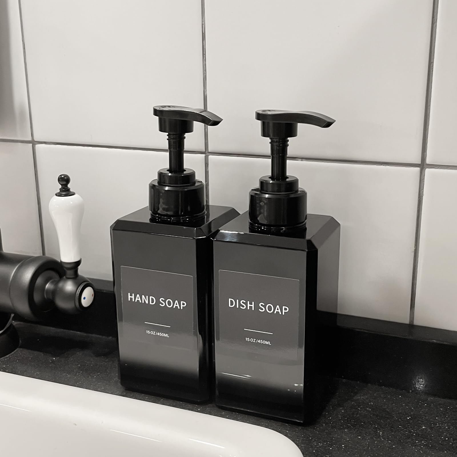 Black Soap Dispenser with Waterproof Labels - 15oz Thickened Plastic Hand Soap Dispenser for Bathroom, Kitchen, Dish Washing Liquid, Shampoo & Conditioner Bottles (2-Pack) - Perfect for Home, Office & Commercial Use