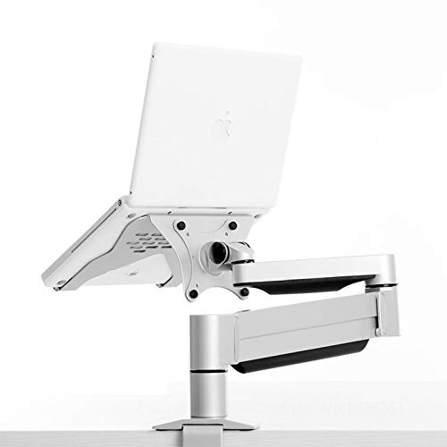 Dual Arm Aluminum Monitor Stand for 15-30 Inch Screens with Laptop Tray (10-15.6 Inch) - Full Motion Adjustable Desk Mount with 40cm Pole - Perfect for Home Office, Gaming Setup & Workspace Organization