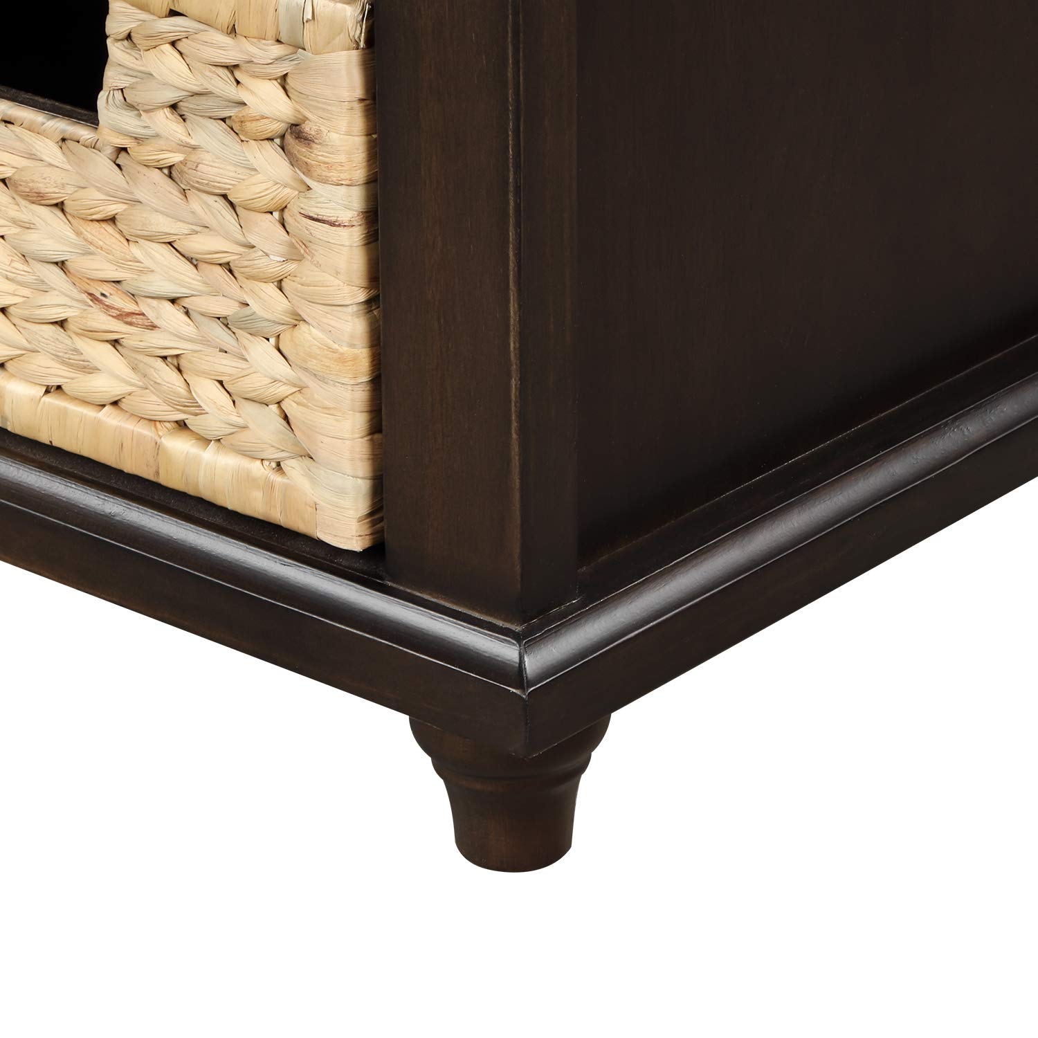 Rustic Wooden Storage Bench with 3 Drawers & 3 Woven Rattan Baskets - Entryway Shoe Bench, Hallway Organizer, Living Room Furniture (Espresso Finish) - Perfect for Small Spaces, Mudroom & Closet Storage