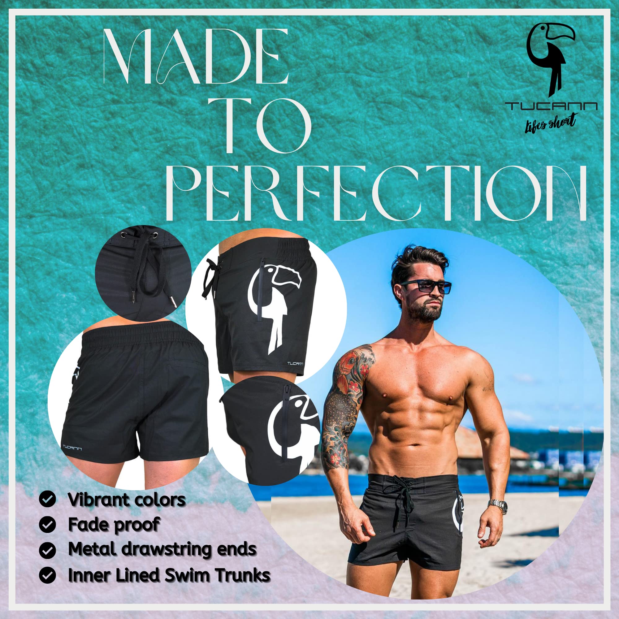 Tucann Men's Swim Shorts 3'' Inseam Quick-Dry Swim Trunks with Compression Liner - Comfortable Beach Shorts for Swimming, Surfing & Summer Vacation