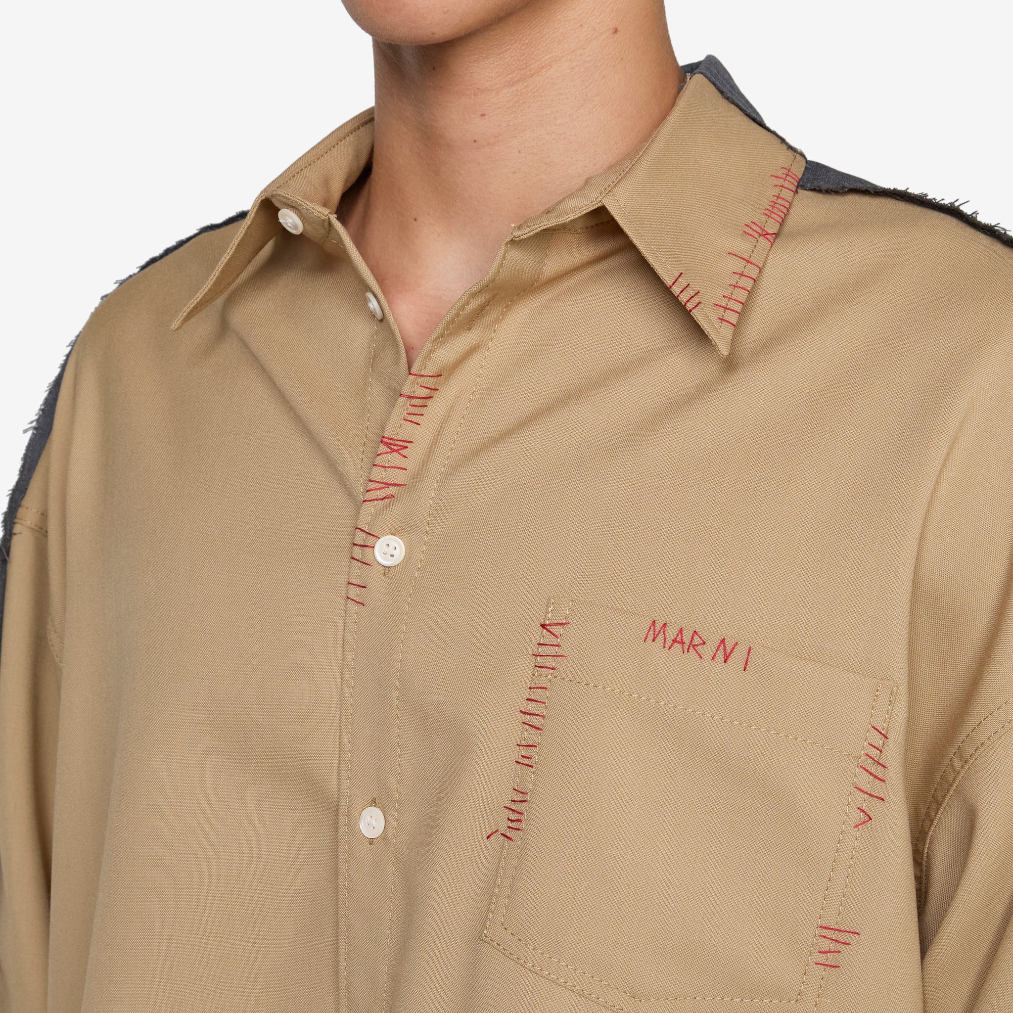 Stylish Contrast Panel Tropical Wool Shirt in Dijon Color - Perfect for Casual Outings and Business Casual Attire