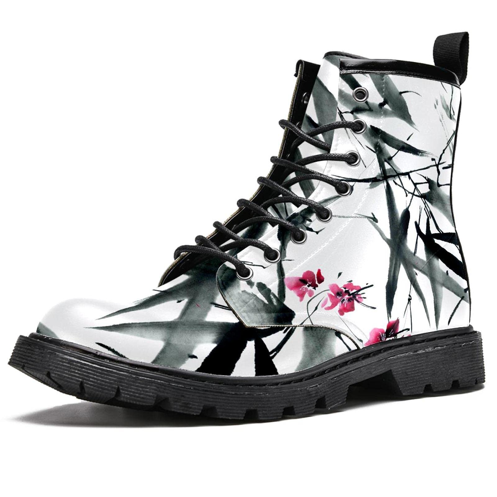 Women's Watercolor Bamboo Leaves & Flowers Lace-Up Combat Boots - Winter Snow Boots for Outdoor Hiking, Walking & Casual Wear