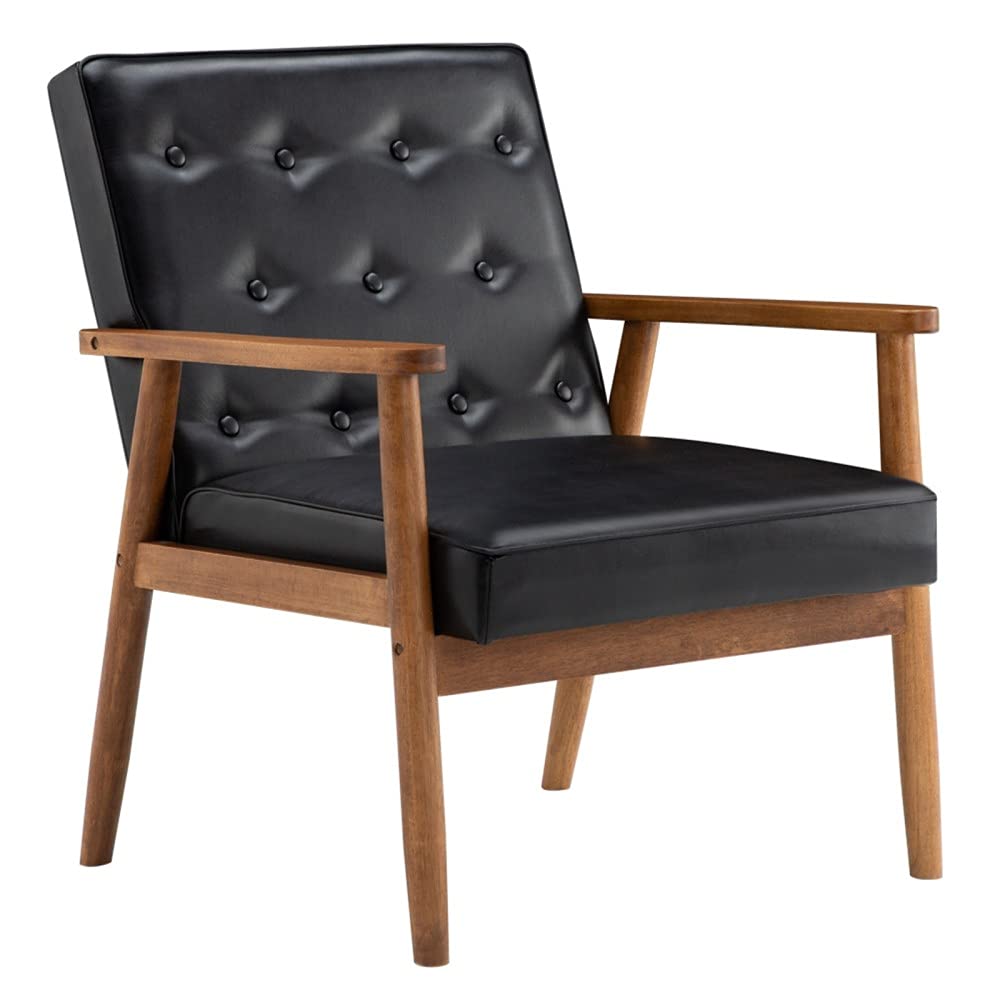 Mid-Century Modern Black Arm Chair - Solid Wood Accent Chair with Faux Leather Tufted Back for Living Room | Retro Lounge Chair, Comfortable Upholstered Seating for Home Office, Reading Nook & Living Spaces