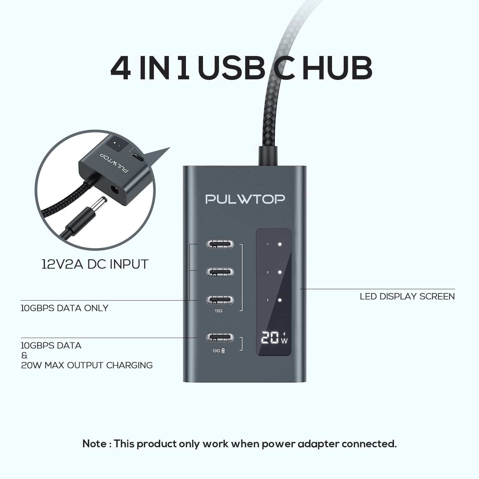 PULWTOP 4-in-1 USB C Hub with 24W UK Plug Adapter - 20W Charging Port & 3x 10Gbps USB C Gen2 Ports - Compatible with MacBook Pro/Air, iMac, iPad - Perfect for Home Office, Travel & Multi-Device Charging