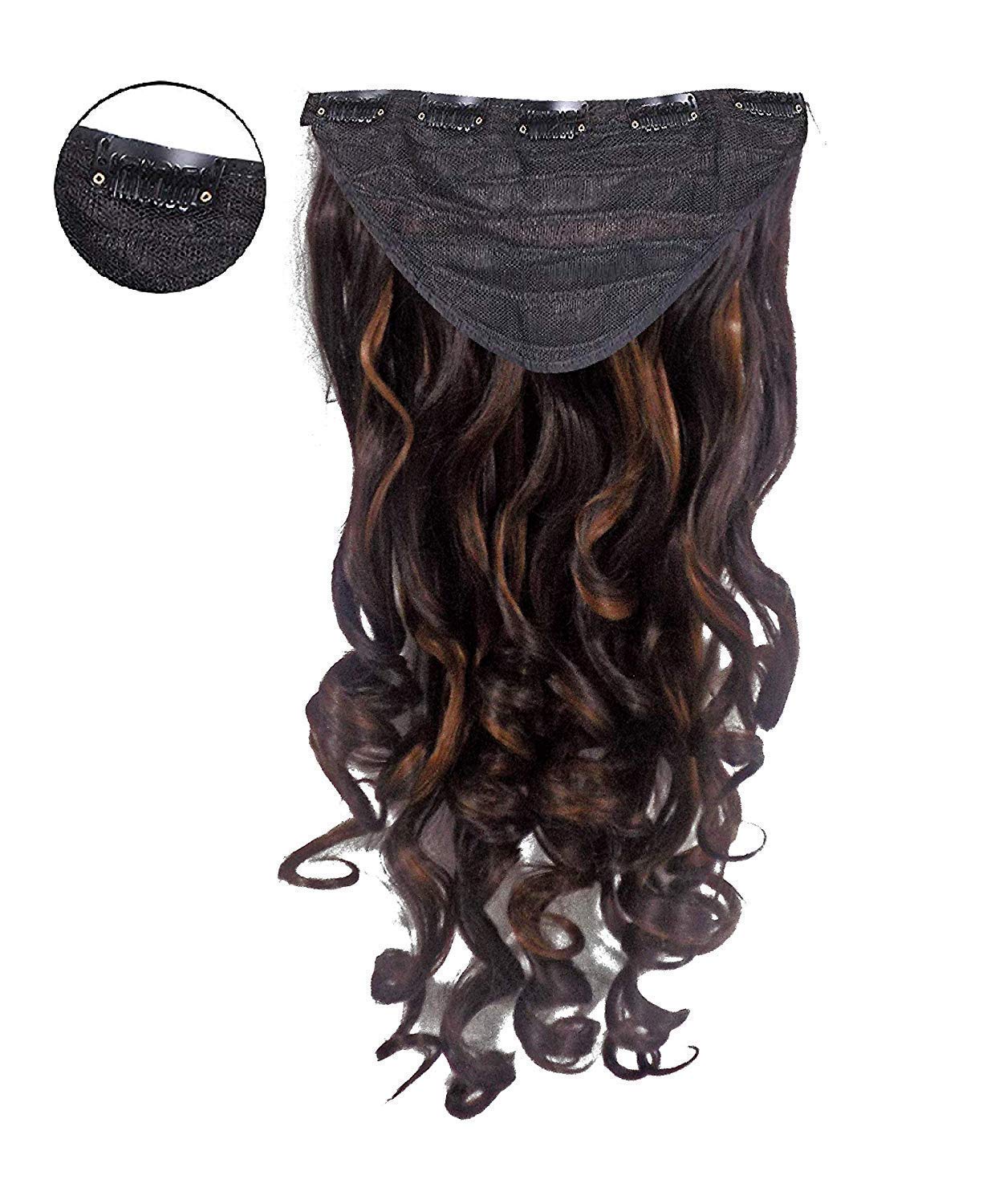 Pelo Curly Synthetic 5 Clips Hair Extension - Golden Brown Highlight | Heat Resistant Clip-in Hair Extensions for Women | Perfect for Parties, Weddings & Daily Styling