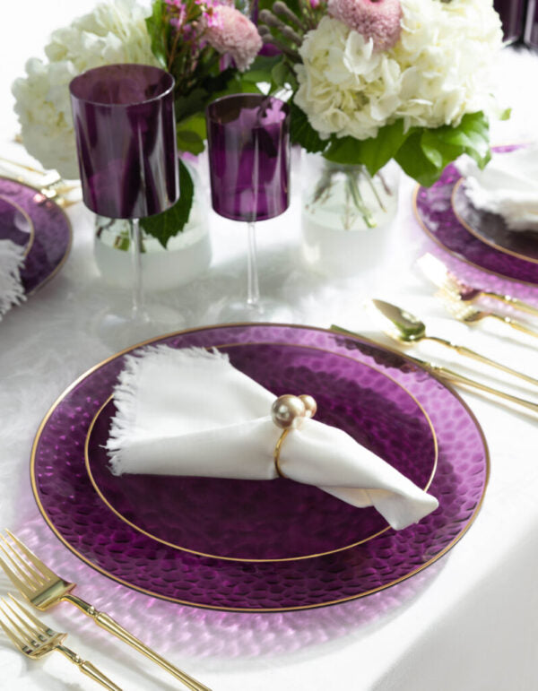32-Piece Purple and Gold Hammered Plastic Dinnerware Set - Round Plates, Bowls, Cups & Utensils for 16 Servings - Durable BPA-Free Dish Set for Parties, Picnics, Outdoor Events & Everyday Use
