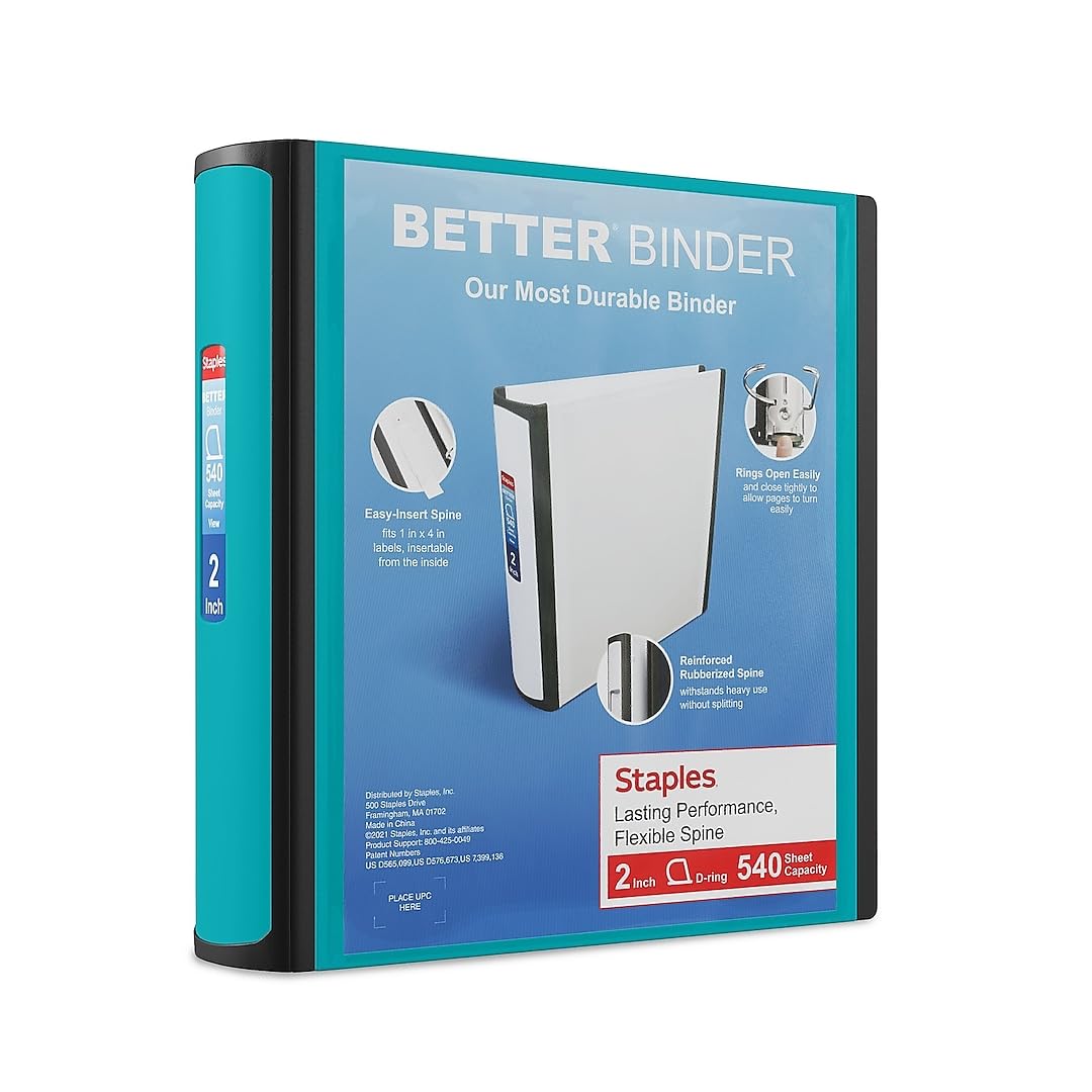 STAPLES Better Binder 2-Inch Teal - Durable 3-Ring Binder for School, Office & Home Organization | Perfect for Reports, Documents & Presentations