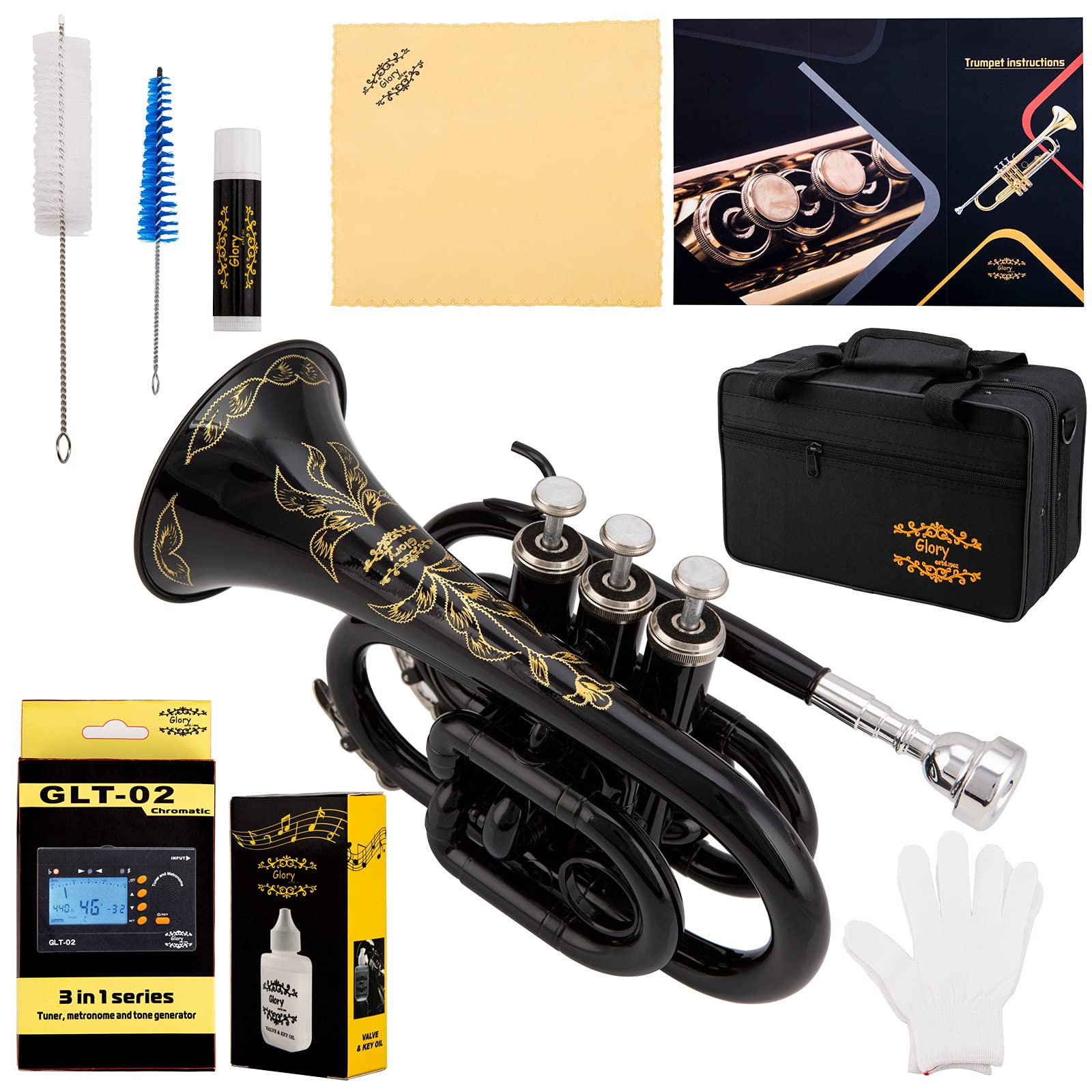 Glory Bb Pocket Trumpet with Hard Case - Professional Compact Brass Instrument for Travel & Practice | Includes Cleaning Cloth & Gloves | Perfect for Jazz, Beginners & Street Performers (Black)