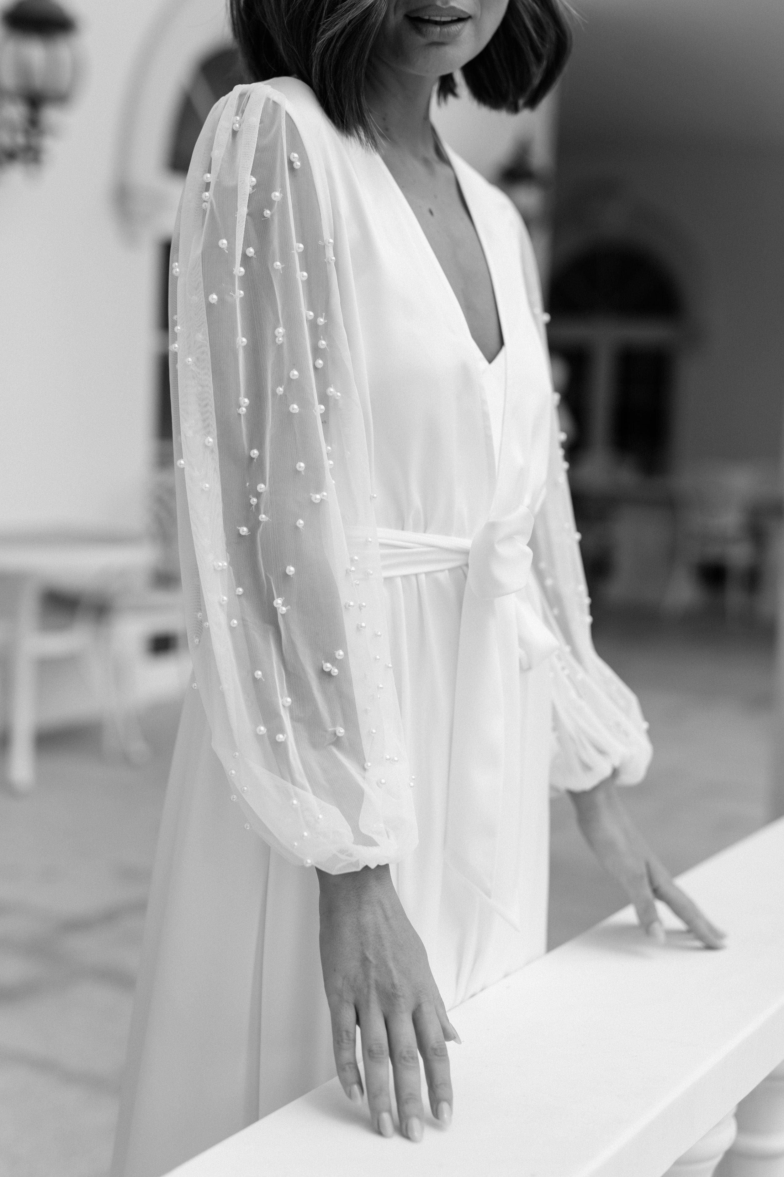 Sophia Hand Beaded Pearl Sleeve Maxi Robe with Slip - Elegant Formal Evening Gown for Weddings, Galas & Special Occasions