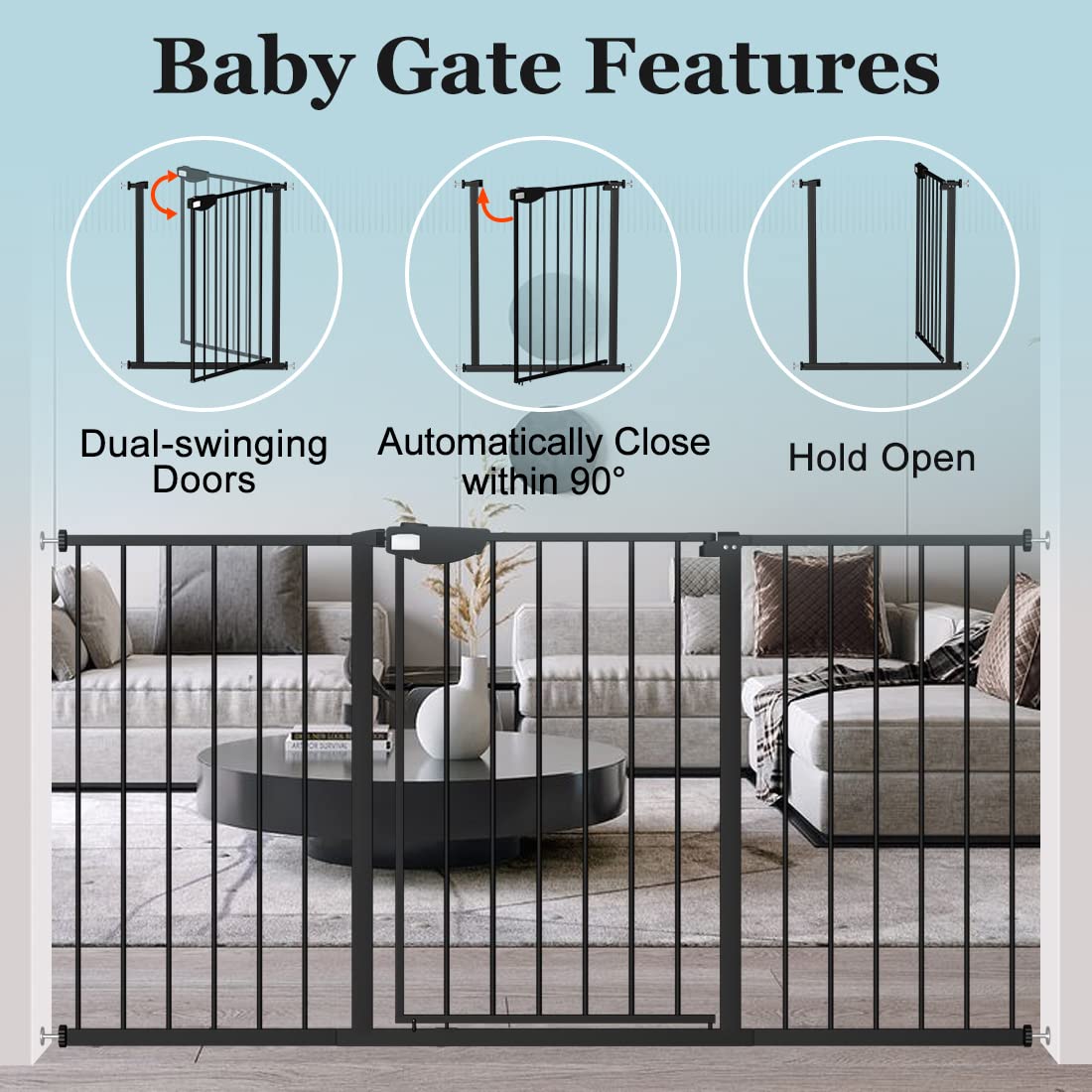 WAOWAO Triple Lock Baby Gate - Extra Wide 53.93-57.87