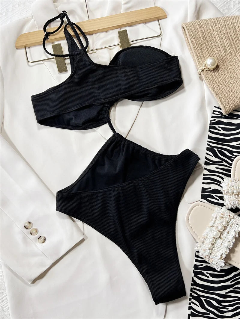 **Sexy Black One Piece Swimsuit for Women 2024 - Asymmetric One Shoulder Bathing Suit with Hollow Out Design | Perfect for Beach Vacation, Pool Party & Summer Getaways**
