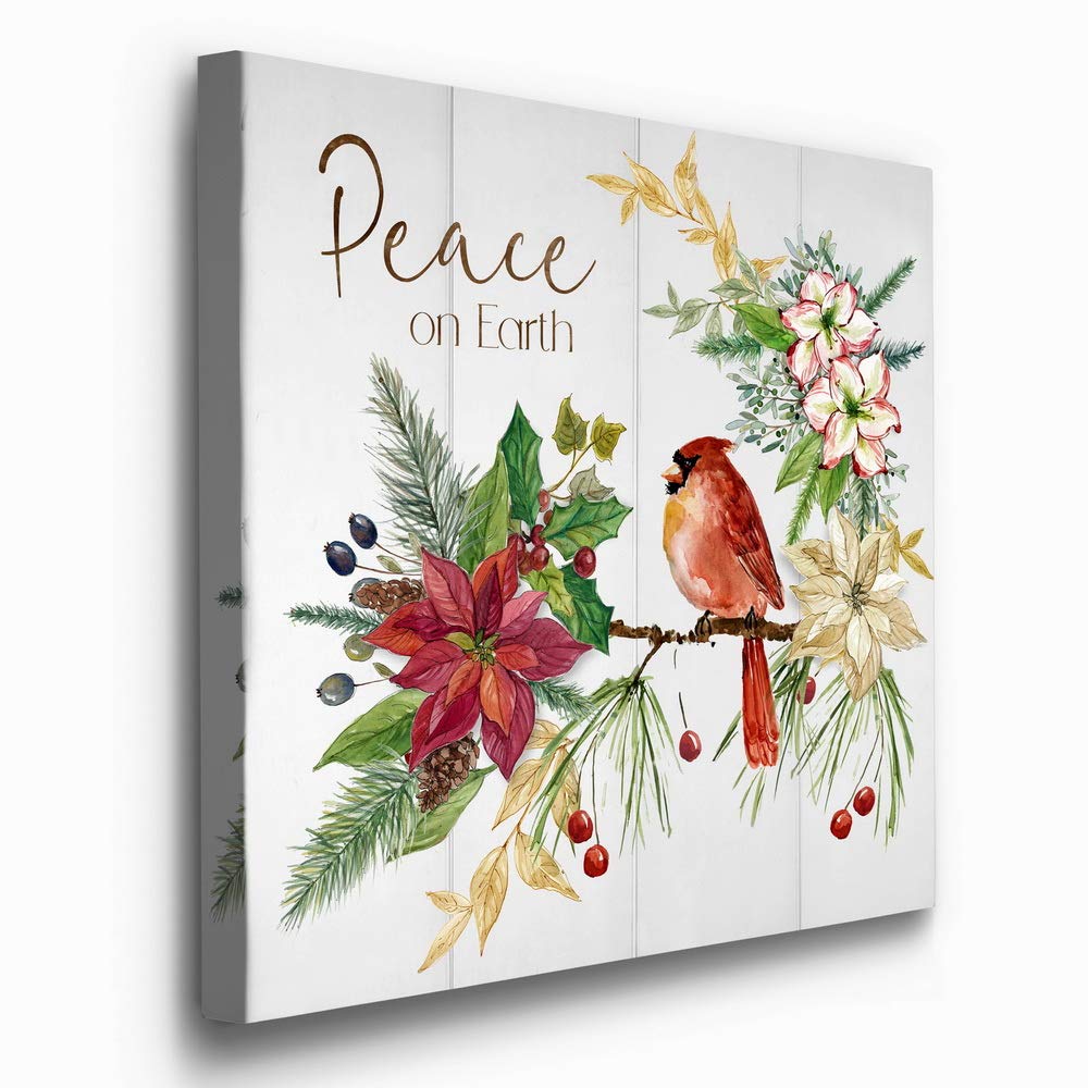 Premium Gallery Wrapped Canvas Wall Art - Peace on Earth Christmas Winter Decor with Poinsettia, Red Cardinal & Pine Cones | Ready to Hang 40x40 Inches | Made in USA | Perfect for Holiday Home Decor, Living Room, Office & Gift Giving