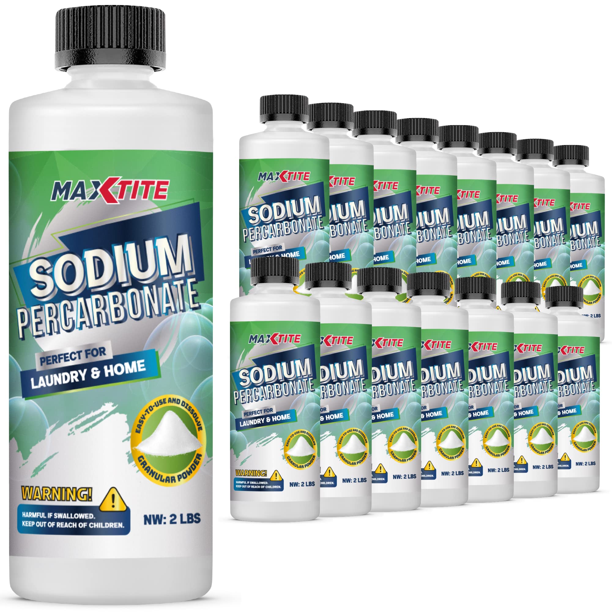 Pure Sodium Percarbonate (32 lbs - 16 Pack of 2 lbs Bottles) | 100% Oxygen Bleach & Solid Hydrogen Peroxide | Multi-Purpose Eco-Friendly Cleaner for Laundry, Home, Pool & Outdoor Use | Child-Resistant HDPE Bottles with Resealable Cap