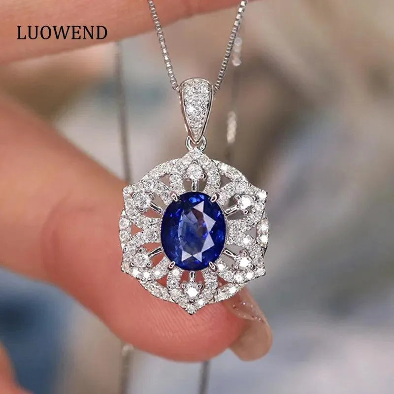 18K White Gold Blue Sapphire Sunflower Pendant Necklace for Women - Natural Diamond Jewelry Gift for Engagement, Anniversary & Special Occasions