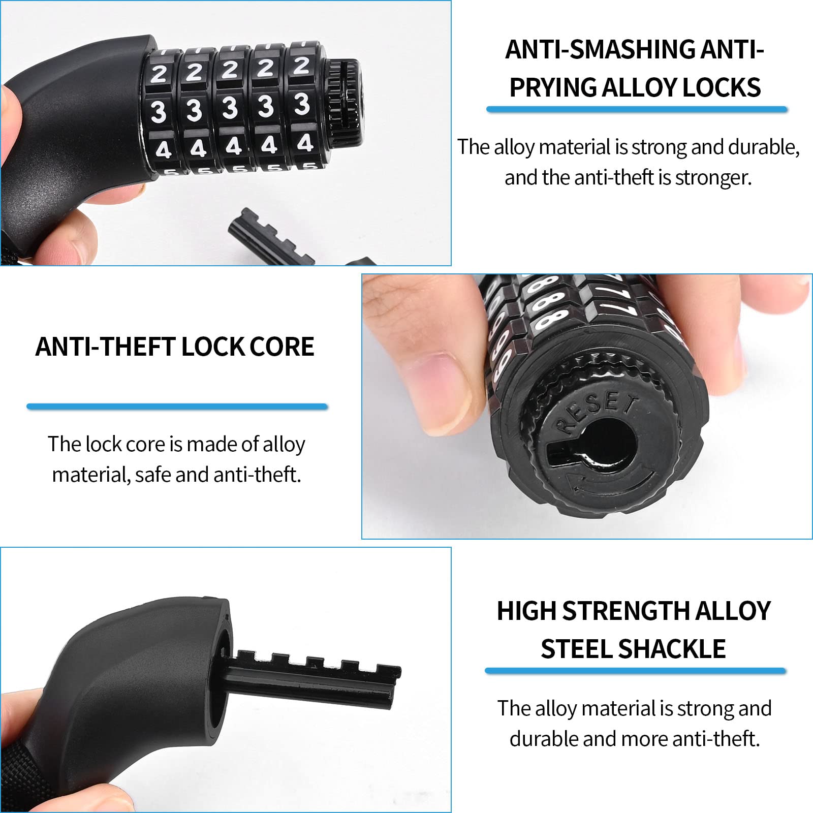 Anxingo 5-Digit Resettable Combination Bike Lock - Heavy Duty Anti-Theft Bicycle Chain Lock (3.6ft, Black) - No Keys Required, Fits All Bikes - Perfect for Commuting, Campus, and Outdoor Cycling Security