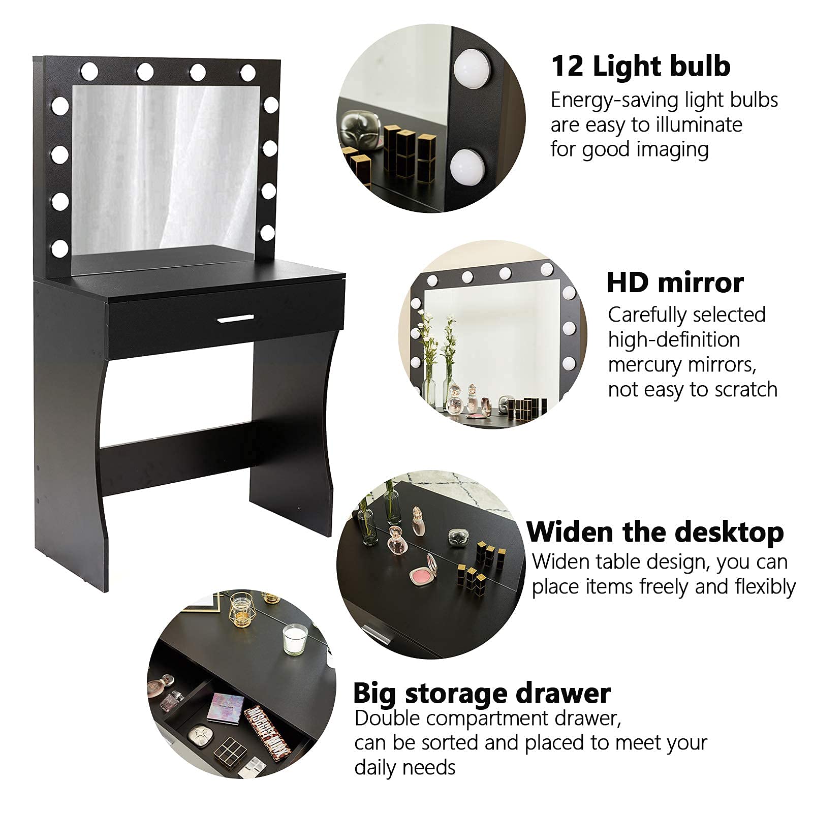 Black Vanity Desk with Mirror & LED Lights - Adjustable Brightness, Large Drawer & Sturdy Wood Makeup Vanity (31.5 Inch) - Perfect for Bedroom, Dressing Room & Beauty Salon