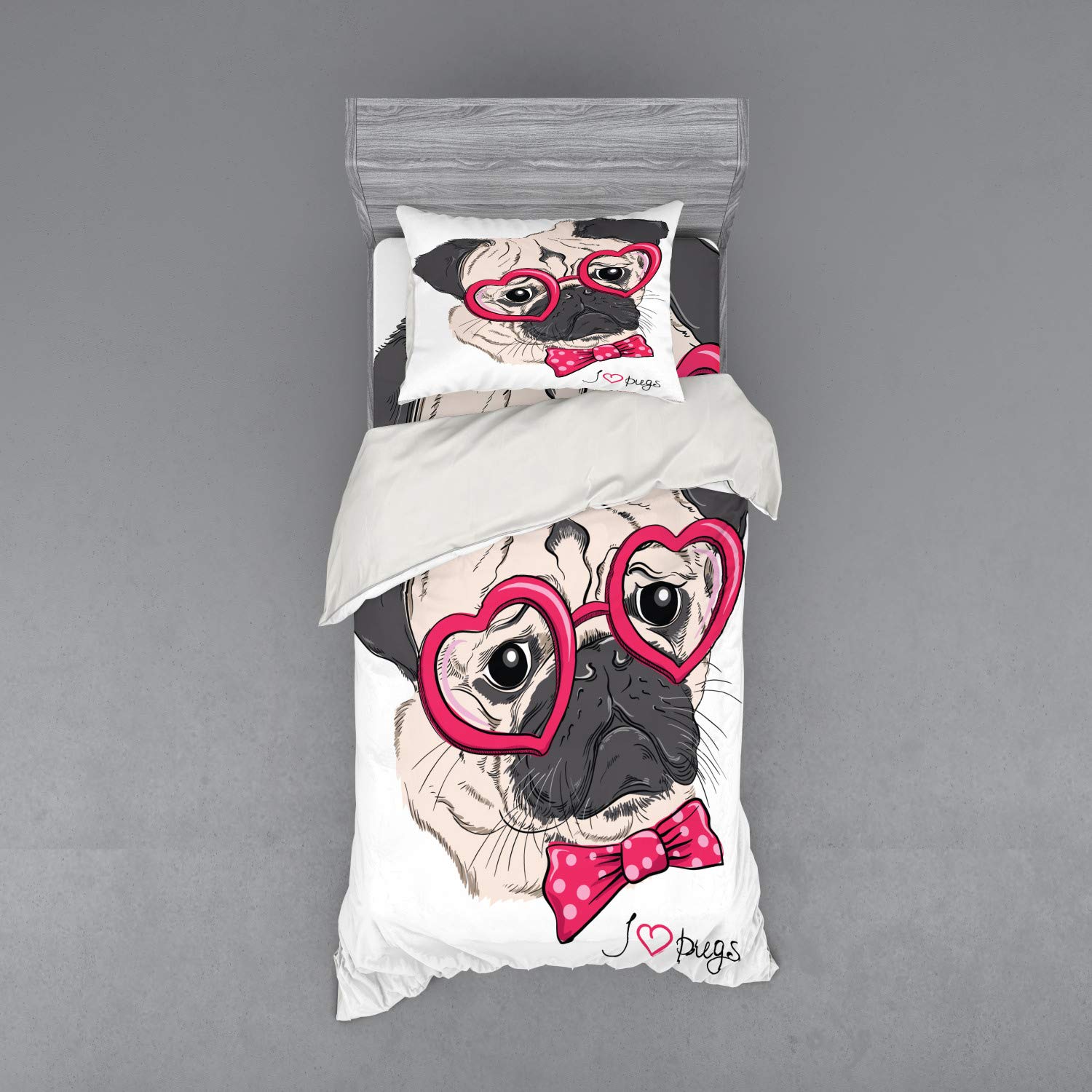 Ambesonne Pug Duvet Cover Set - 3 Piece Dog Themed Bedding with Sham & Fitted Sheet, Twin Size in Pink Grey White | Cute Pug with Heart Glasses & Bow Tie Design | Perfect for Kids Rooms, Pet Lovers & Unique Home Decor