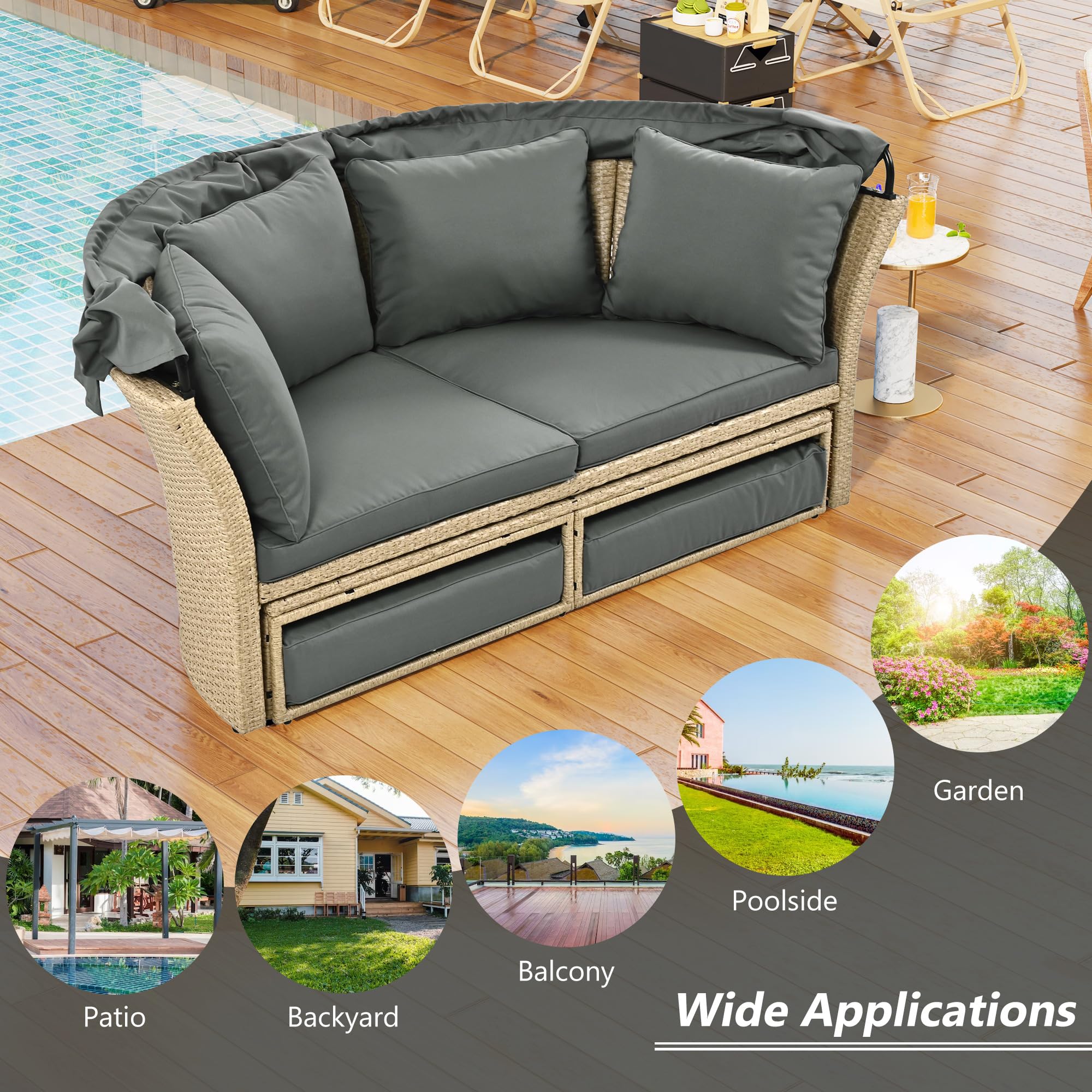Merax Outdoor Patio Wicker Rattan Double Daybed Round Sofa Set with Retractable Canopy & 4 Pillows - Grey - Perfect for Garden, Backyard, Porch, Poolside Relaxation & Sunbathing