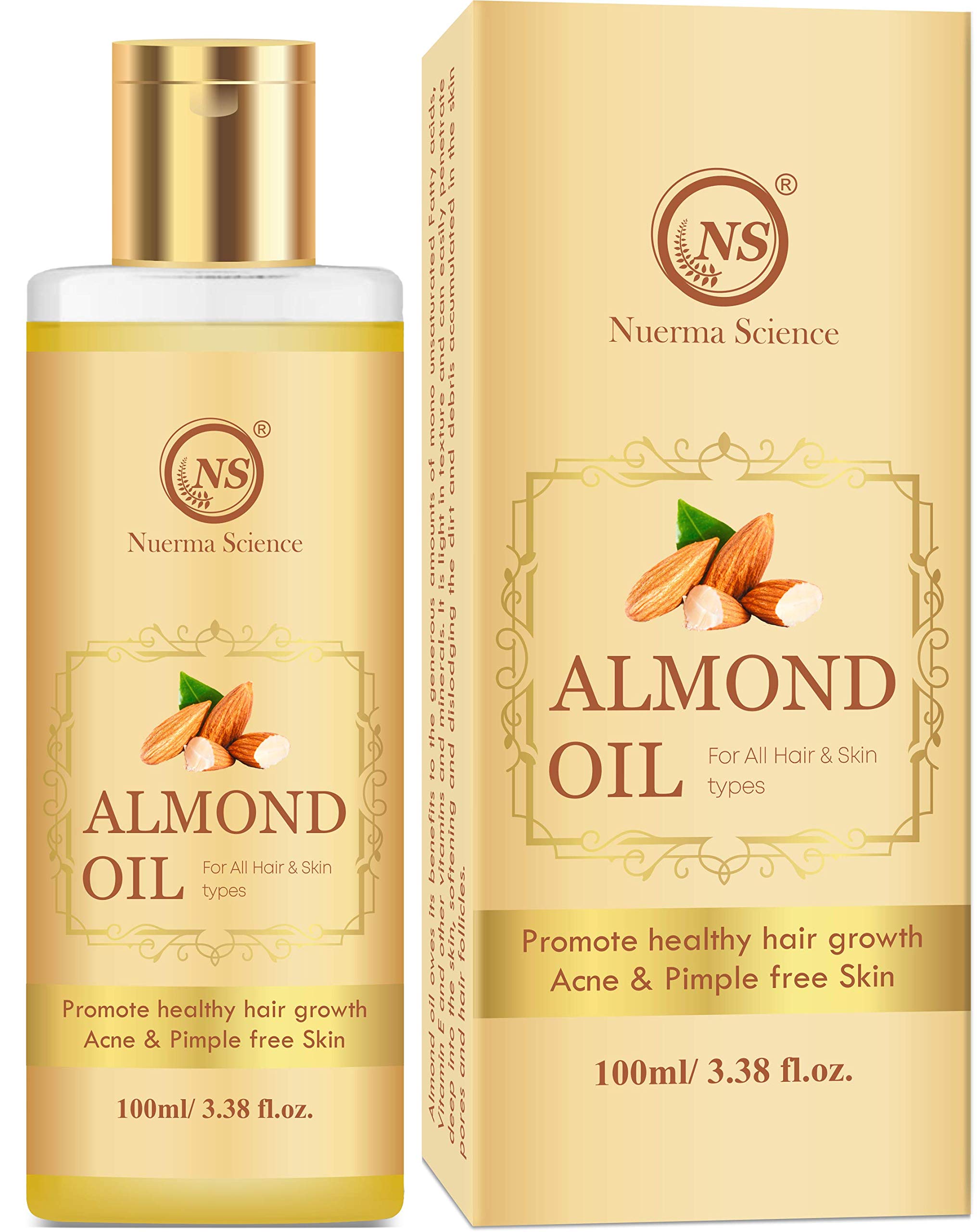 Nuerma Science Pure Almond Oil for Hair & Skin Care - 100% Natural Vitamin E Enriched for Hair Growth & Skin Glow | Paraben-Free, Mineral Rich Formula | Perfect for Daily Moisturizing, Massage & Aromatherapy