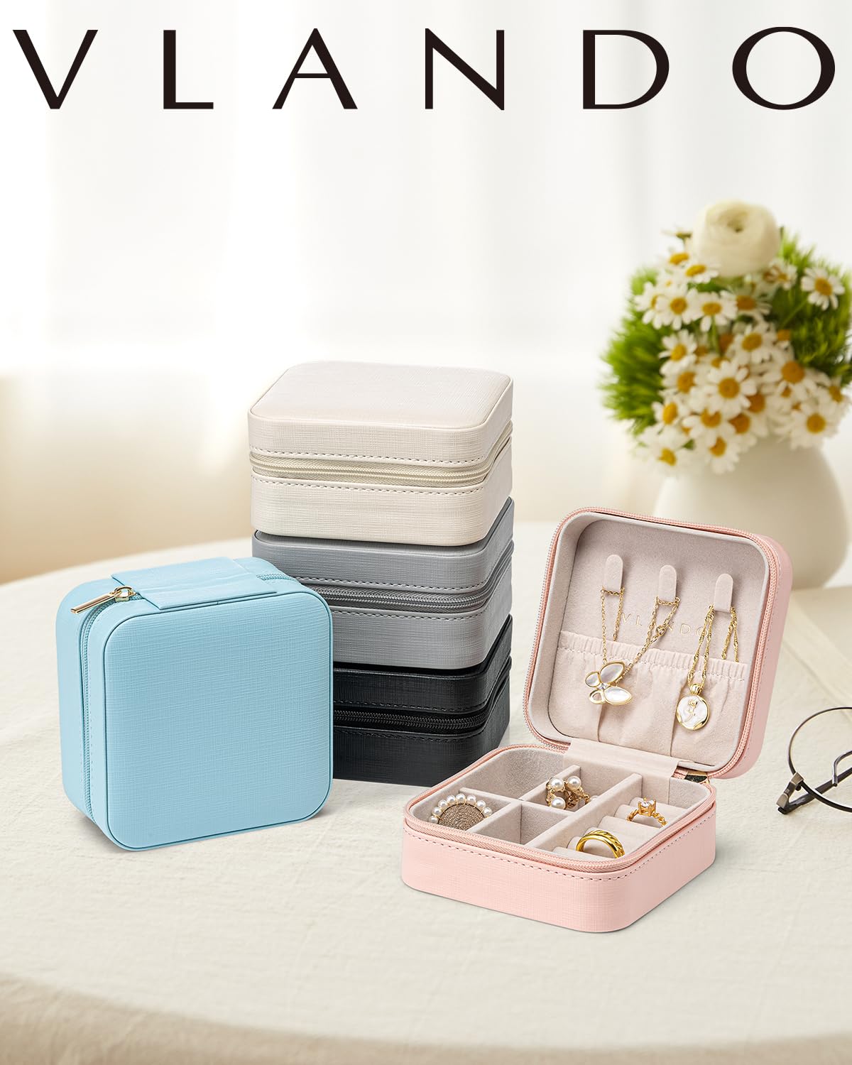 Vlando Travel Jewelry Organizer Case for Women - Portable Jewelry Box with Compartments for Necklaces, Rings & Earrings - Perfect for Vacation, Business Trips & Weekend Getaways (Blue)