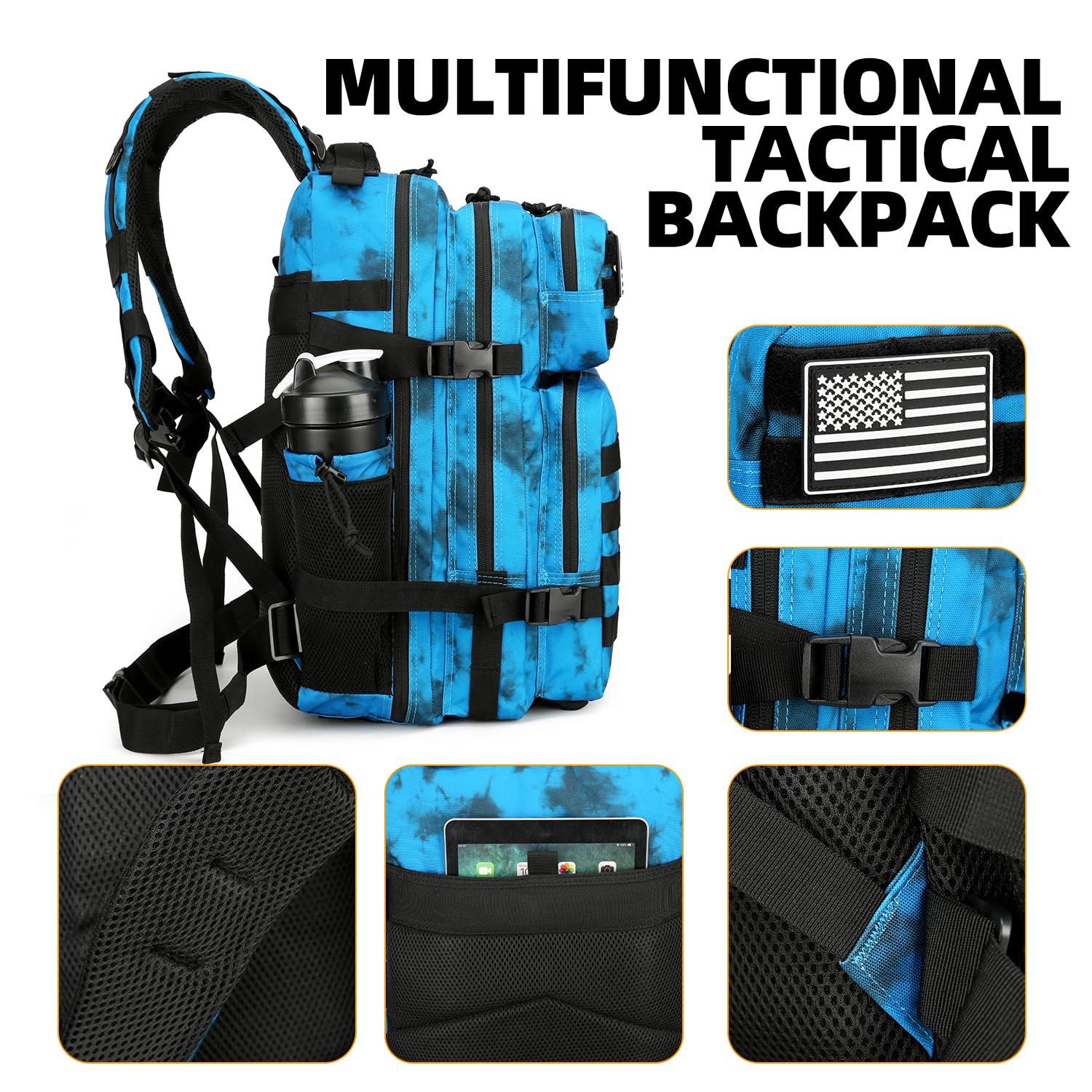 25L Tactical Backpack Military Molle Rucksack - Water Resistant Outdoor Hiking Camping Backpack for Men & Women - Perfect for Travel, Assault Training & Survival Gear (Blue Camo Pattern)