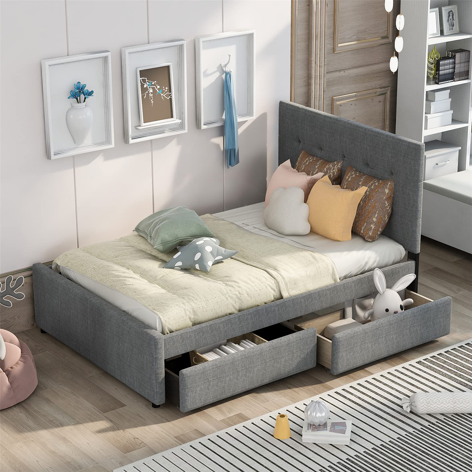 Upholstered Full Size Platform Bed Frame with Storage Drawers & Headboard - Sturdy Wood Captain Bed for Boys, Girls, Kids & Teens - Modern Gray Bedroom Furniture for Small Spaces & Dorm Rooms