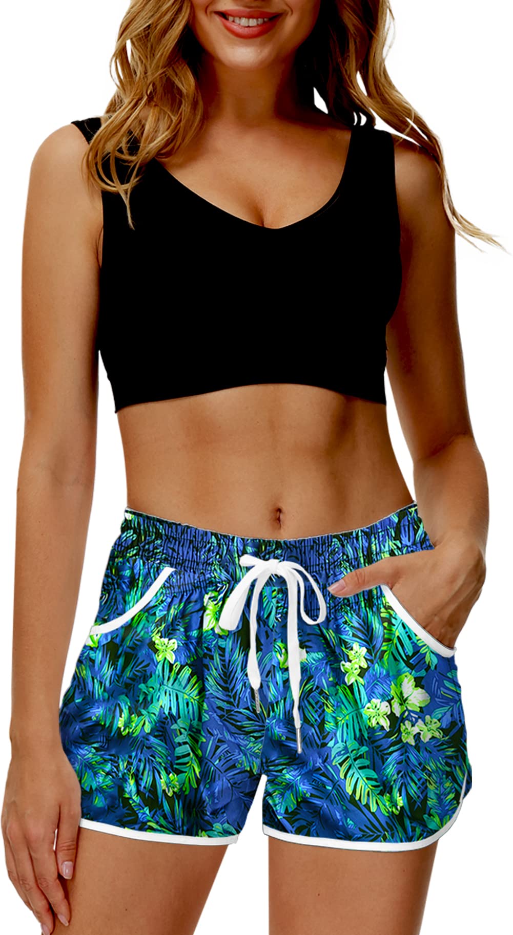 Deerose Women's Summer Board Shorts - Quick-Dry Swim Shorts with Tropical Hawaiian Print for Beach, Pool & Water Sports