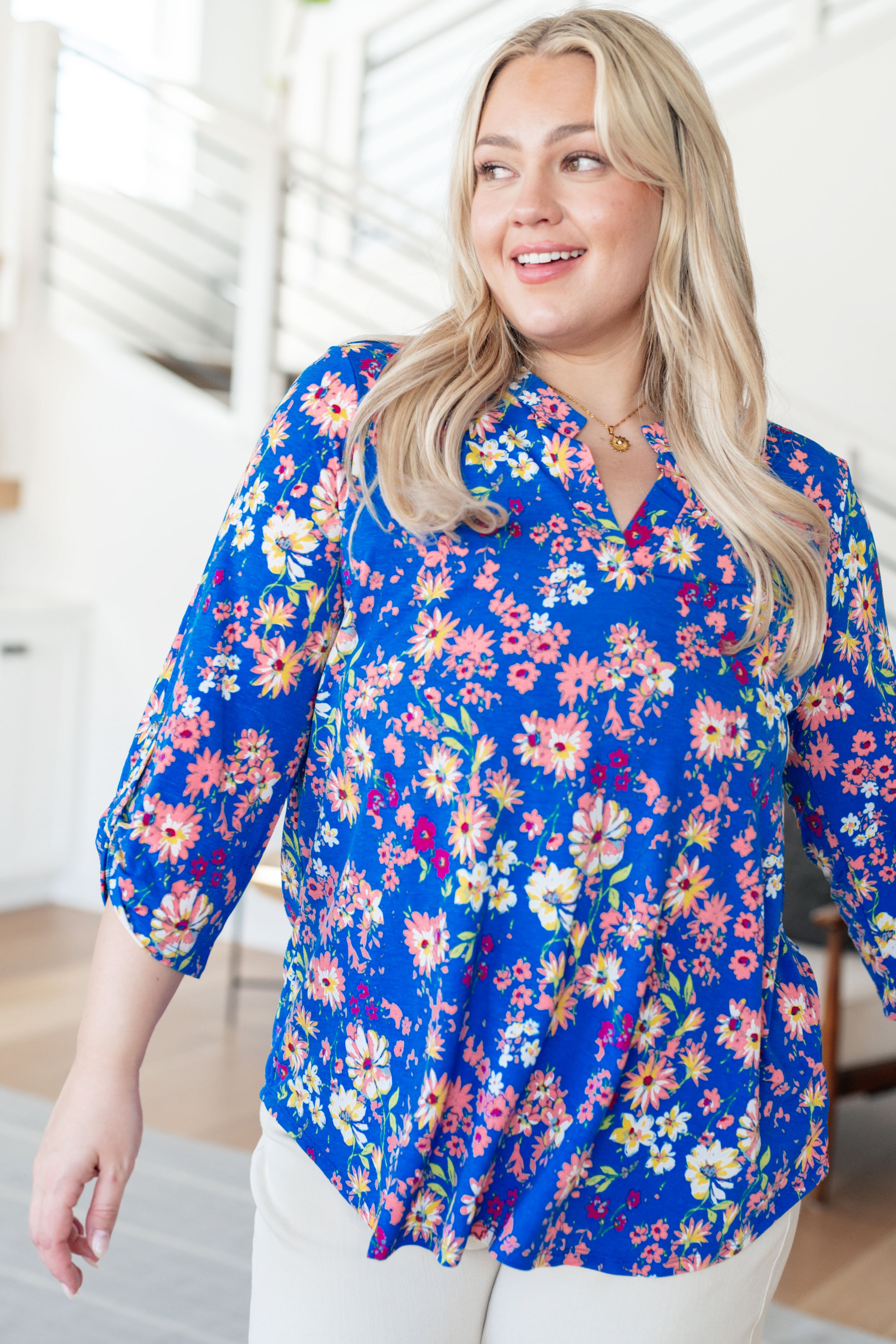 Lizzy Top - Royal & Blush Floral Print Women's Blouse | Perfect for Casual Outings, Date Nights & Spring Fashion