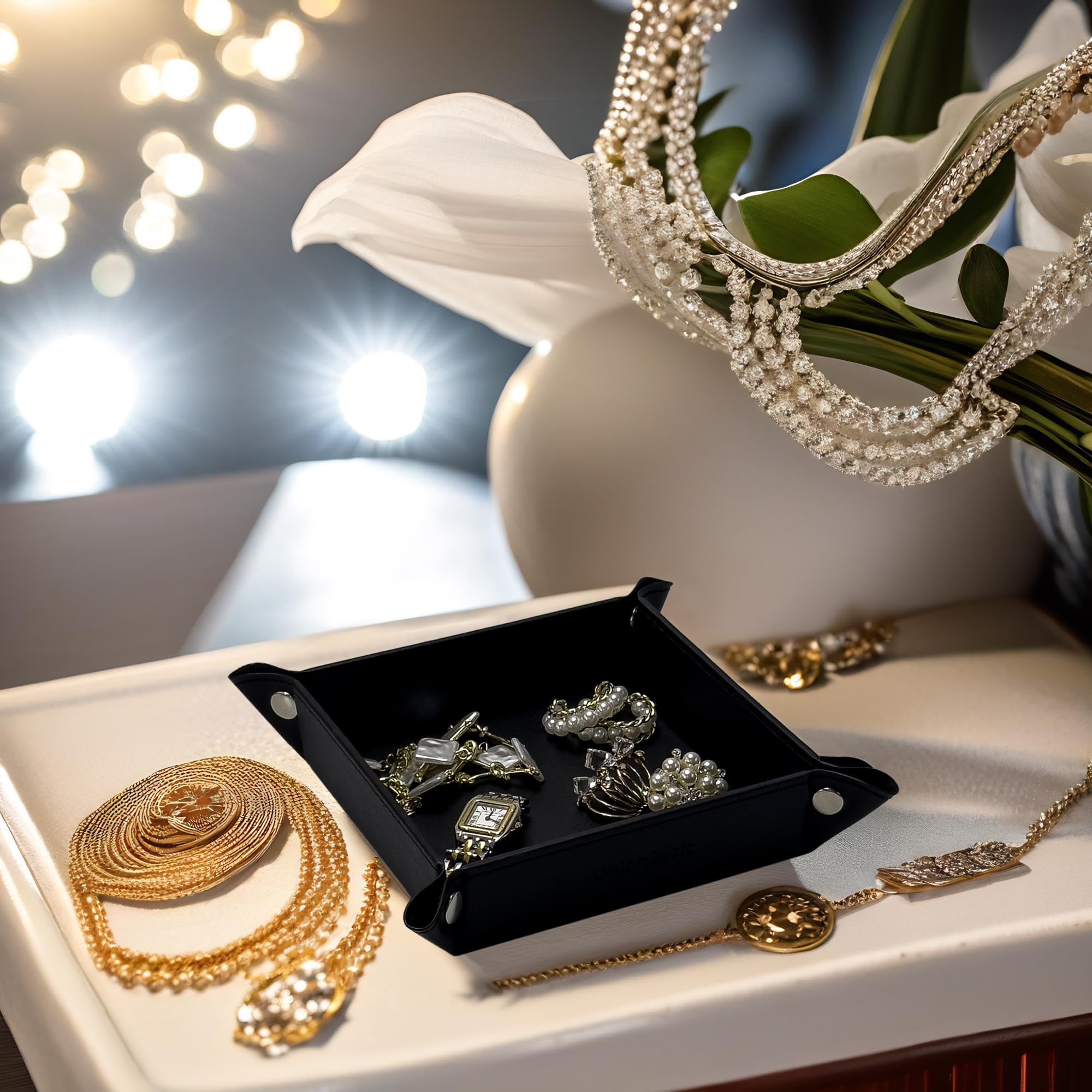 UnionBasic Small Valet Tray - Jewelry Organizer for Rings, Watches & Earrings - Entryway Catchall for Keys, Coins & Change - Nightstand Bedside Tray - Electronic Gadgets Holder - Black - Perfect for Home, Office & Travel Organization