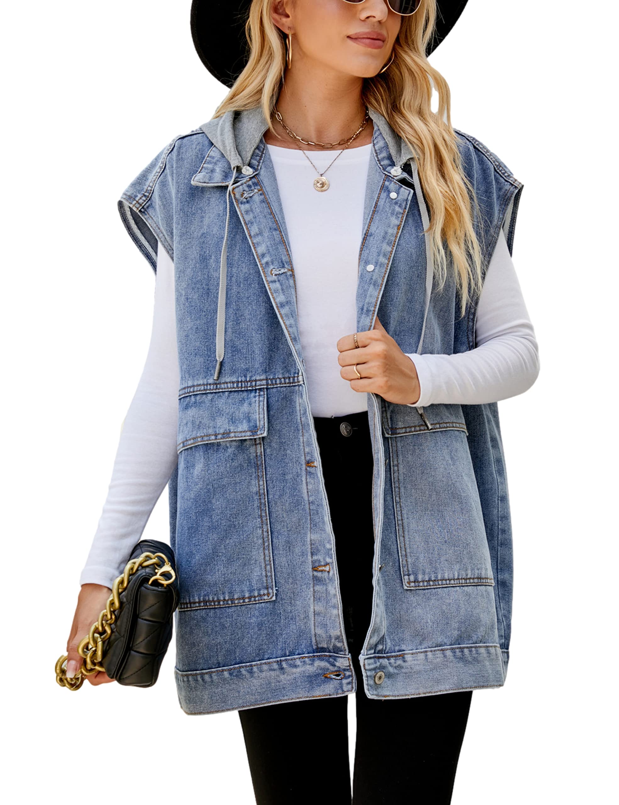 Women's Oversized Denim Vest - Sleeveless Button Down Jean Waistcoat Shacket Jacket for Casual Outfits | Perfect for Layering, Streetwear & Spring/Fall Fashion