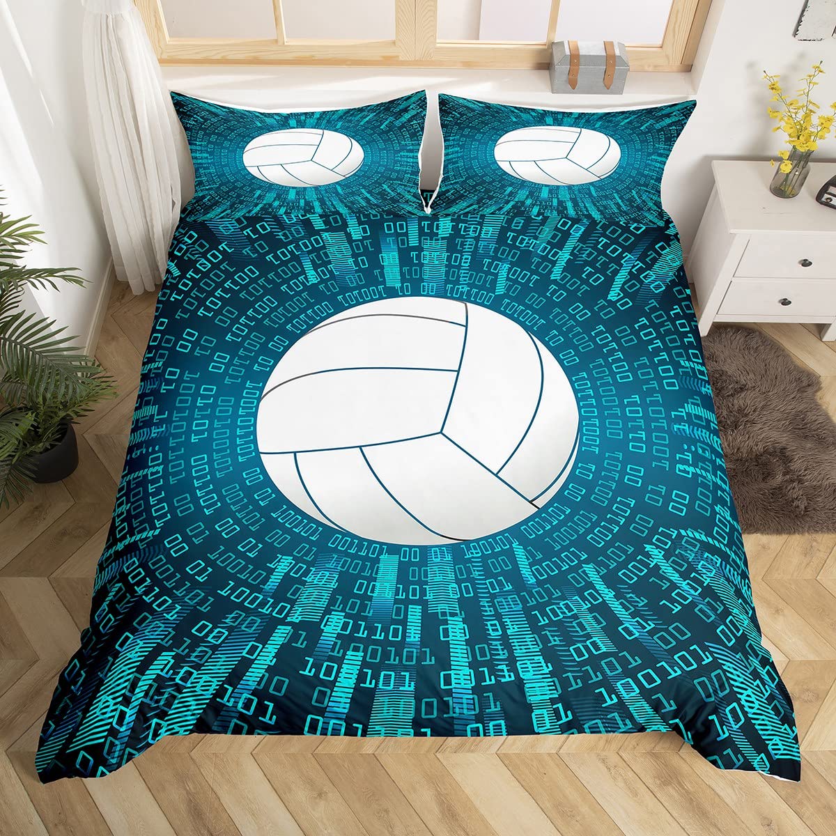**Feelyou Volleyball Duvet Cover Set - Digital Sports Theme Bedding for Boys, Girls, Men & Women - Blue & White Volleyball Print - Twin Size (2Pcs) - Perfect for Sports Lovers, Game Room Decor & Cozy Bedroom Style**
