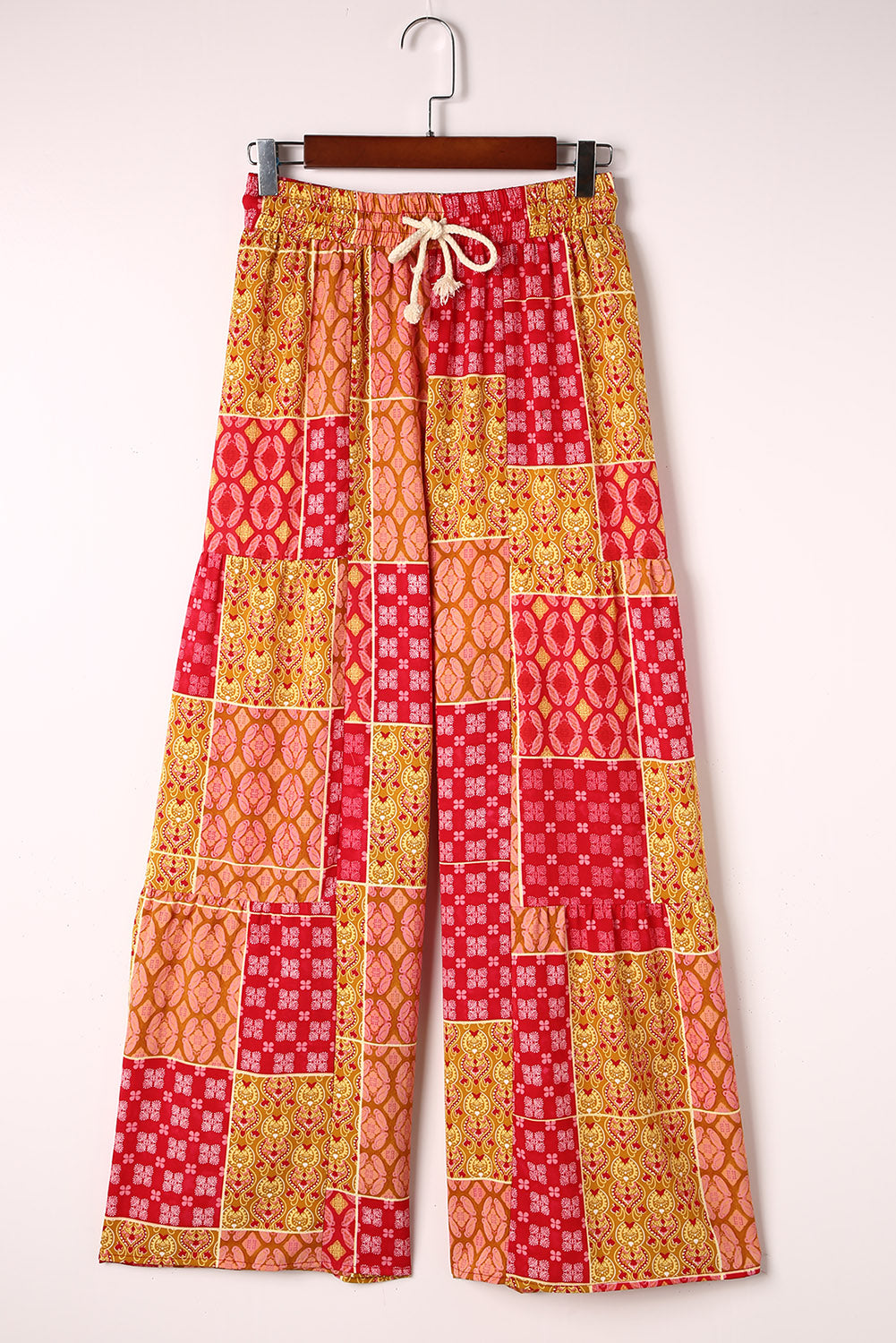 Bohemian Patchwork Drawstring Wide Leg Resort Pants for Women - Comfortable Vacation Beachwear, Yoga & Lounge Pants for Summer Travel