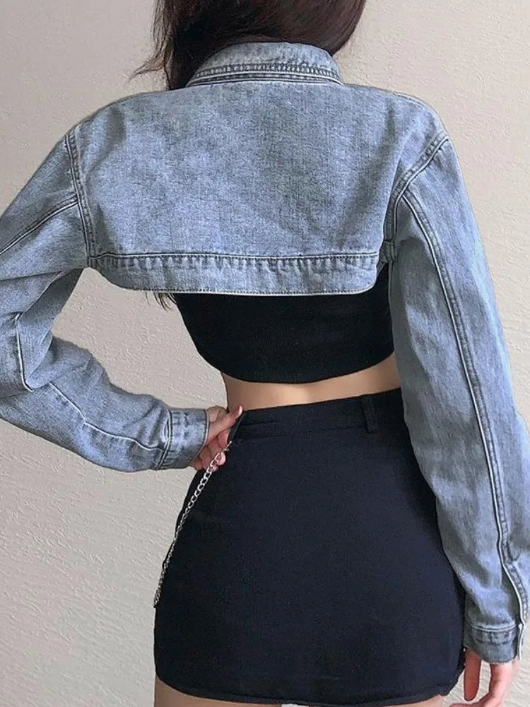 Vintage Long Sleeve Crop Denim Jacket for Women - Distressed Denim Bomber Jacket & Cardigan Coat - Spring & Fall Casual Outerwear - Perfect for Street Style, Date Nights & Weekend Outings