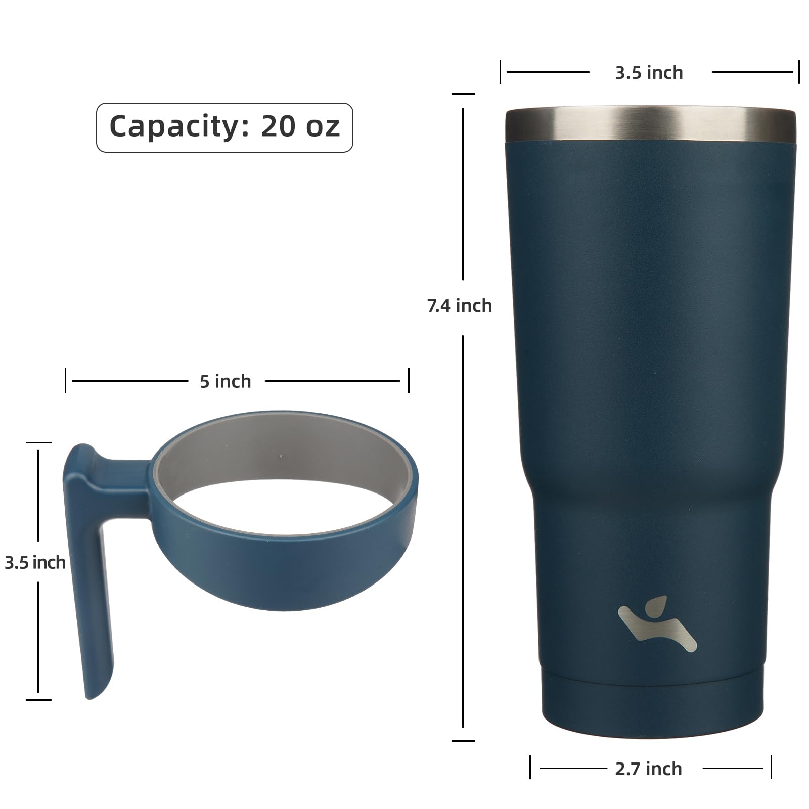 20 oz Insulated Stainless Steel Tumbler with Handle - Vacuum Sealed Travel Mug with 2 Straws & 2 Lids, Navy Blue - Perfect for Coffee, Tea & Cold Drinks On-The-Go, Office & Outdoor Activities