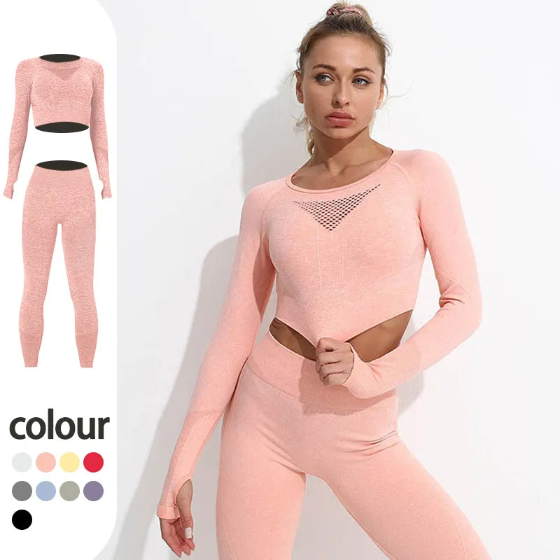 2PCS Women's Seamless Yoga Set - Long Sleeve Crop Top & High Waist Leggings for Workout, Gym, Fitness | Comfortable Sportswear for Yoga, Running, Pilates & Active Lifestyle