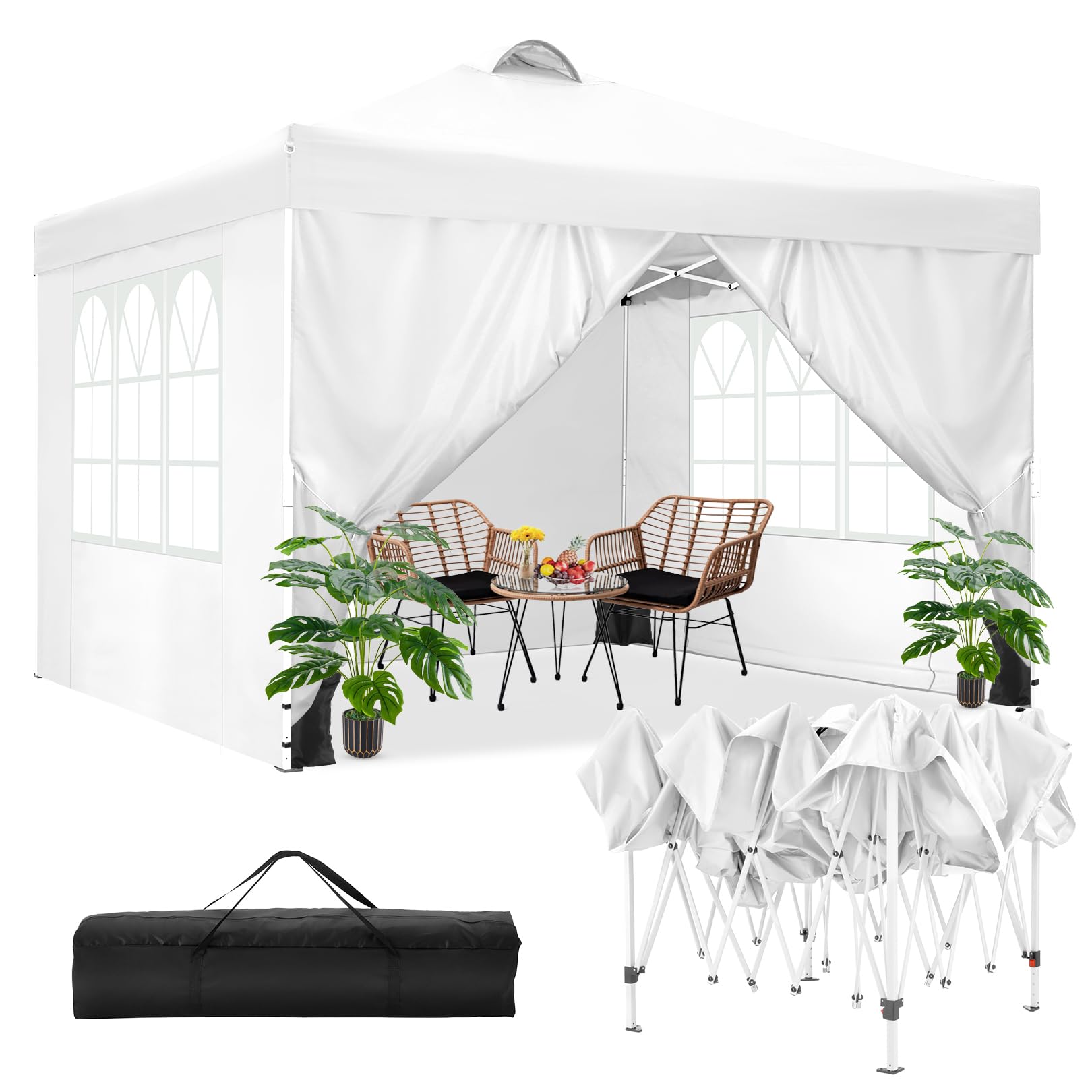 COBIZI 10x10 Pop Up Canopy Tent - Waterproof Instant Gazebo with 4 Sidewalls for Outdoor Events, Parties, Backyard & Commercial Use - Includes 4 Sandbags, 4 Stakes & 8 Ropes (White) - Perfect for Picnics, Farmers Markets, Beach Days and Tailgating
