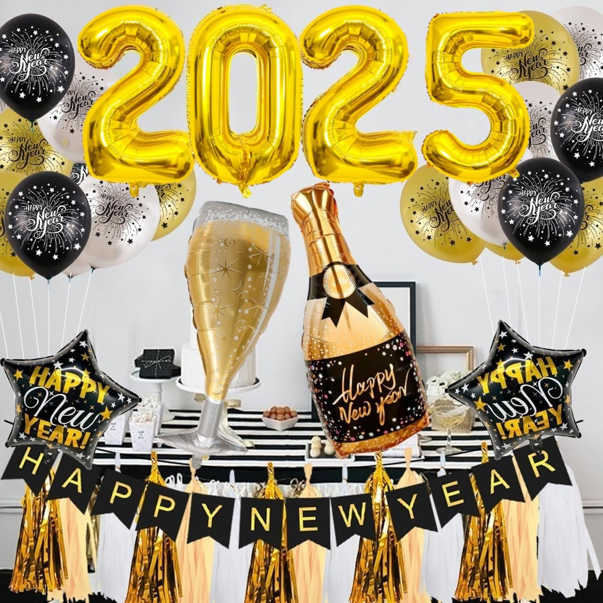 2025 New Year Balloons Kit - Foil Balloon Banner, Tassel & Silver Latex Balloons for 2025 Party Decorations | Happy New Year Party Supplies, Backdrop Decor (Gold Banner) - Perfect for NYE Countdown, Birthday Celebrations & Festive Home Decor