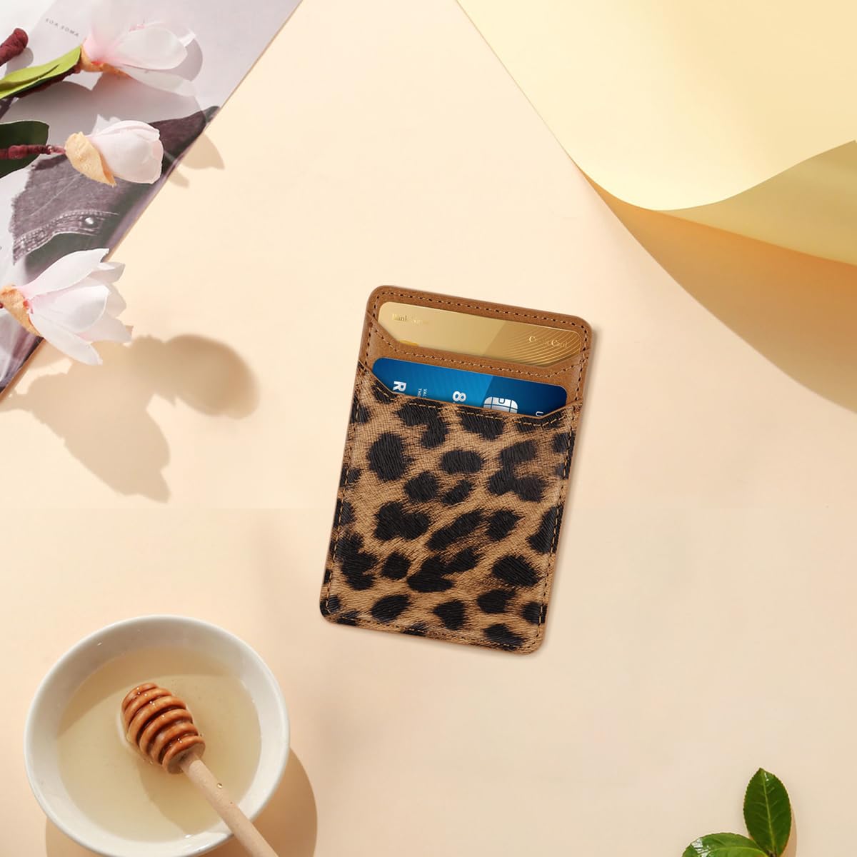 Self Adhesive Card Holder for Phone Back - Genuine Leather RFID Blocking Wallet Pocket with Strong Adhesive - Credit Card Sleeve for iPhone & Samsung Cases (Leopard Print) - Perfect for Hands-Free Shopping, Travel & Contactless Payments