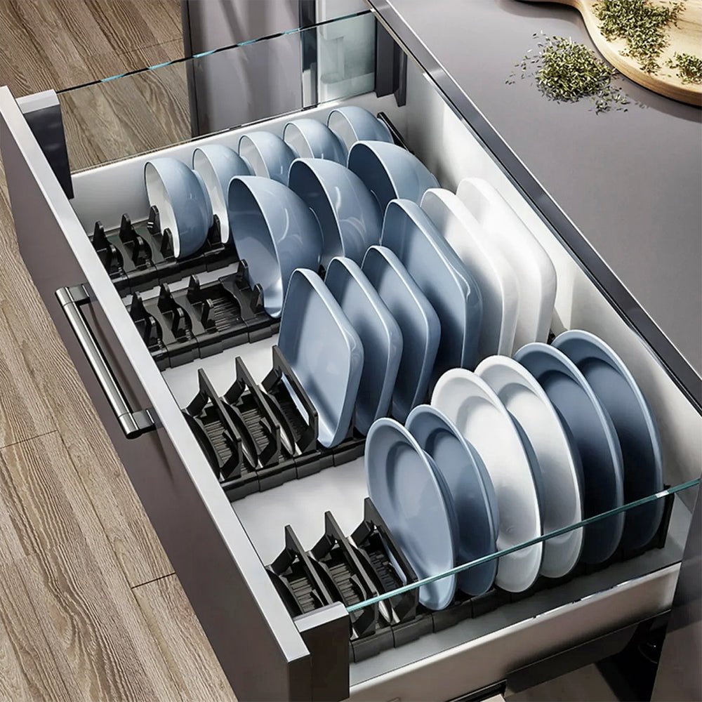 Milo Adjustable Dish Organizer - Expandable Kitchen Cabinet Shelf Organizer for Plates, Bowls & Cutlery - Perfect for Small Spaces, Pantry & Dish Storage Organization