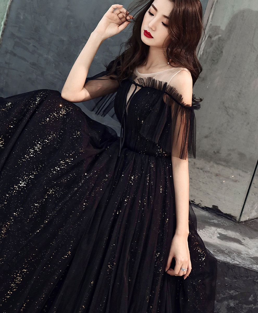 Elegant Black Tulle Off-Shoulder Long Prom Dress for Women - Perfect for Formal Dances, Evening Galas & Special Occasions
