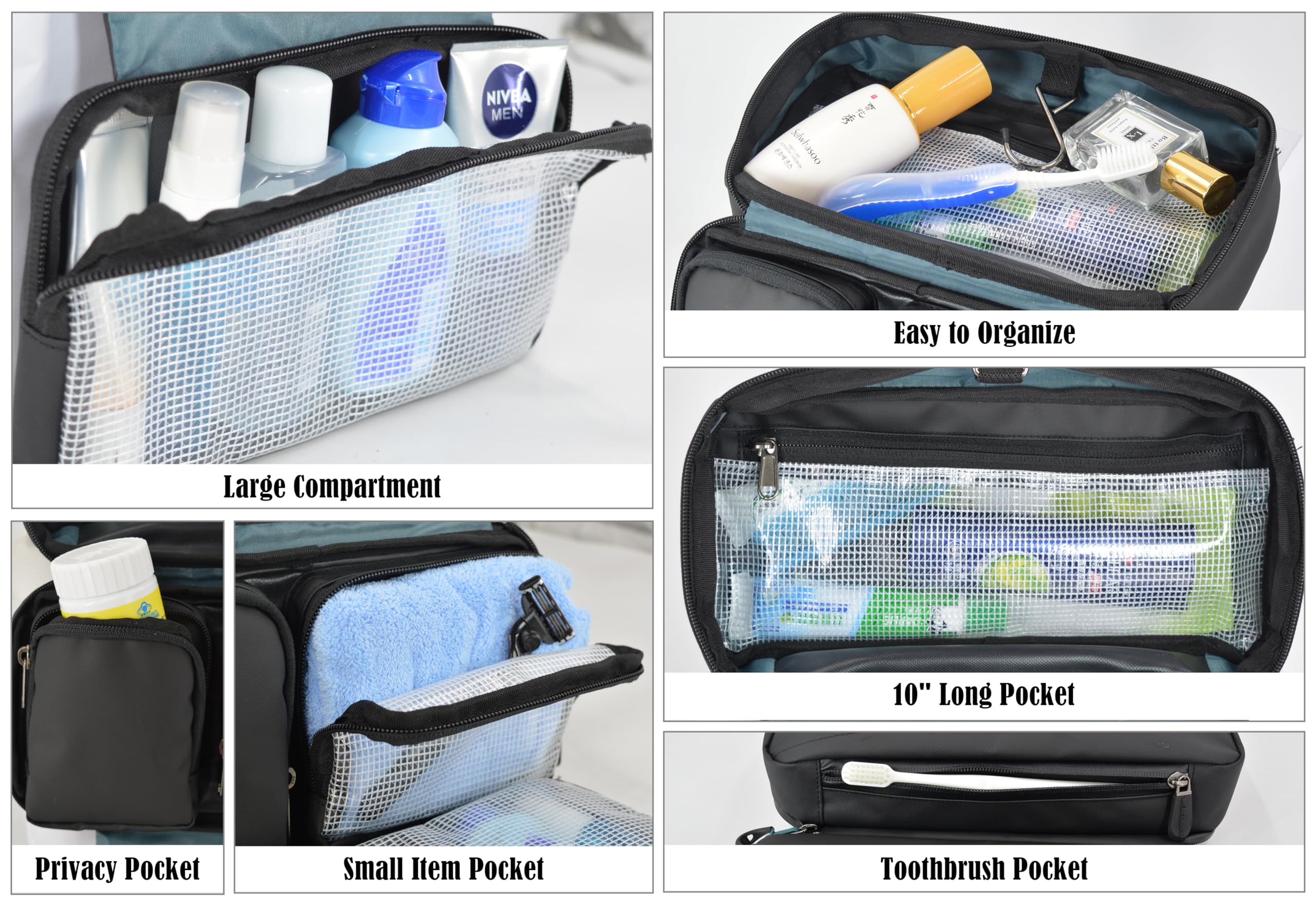 WELKINLAND 6-Pocket Hanging Toiletry Bag for Men - Waterproof Travel Shaving & Shower Organizer - Perfect for Gym, Camping, Business Trips & Overnight Stays (Black)