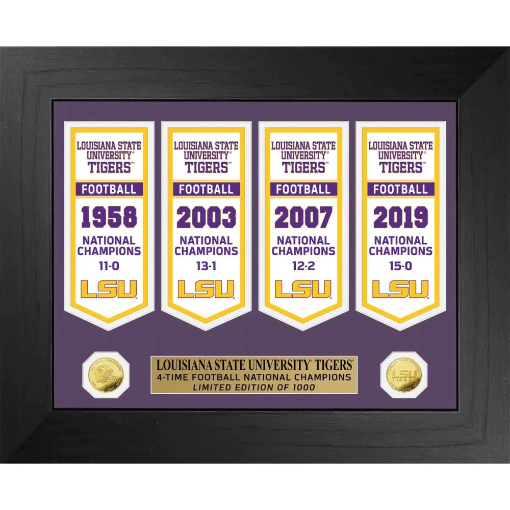 LSU Tigers NCAA Football National Championship Banner & Gold Coin Framed Collage - Perfect for LSU Fans, Game Room Decor, and Sports Memorabilia Collectors