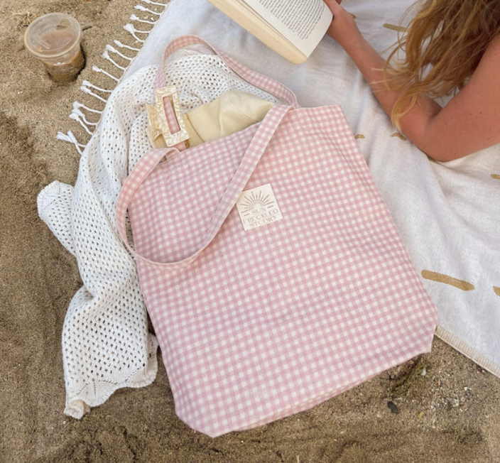 Strawberry Gingham Tote Bag for Women - Pink Canvas Shoulder Bag with Magnetic Closure & Interior Pockets (15